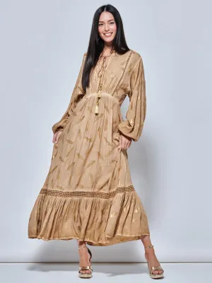 Long Sleeved Lace Trim Holiday Maxi Dress, Khaki Pattern