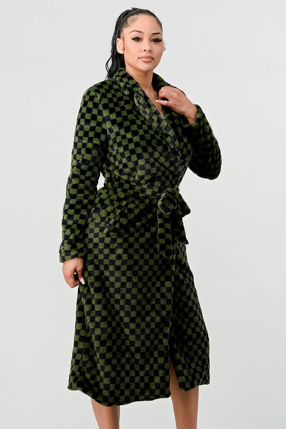 LUX FUR CHECKER PRINT WAIST TIE POCKETS LONG COAT