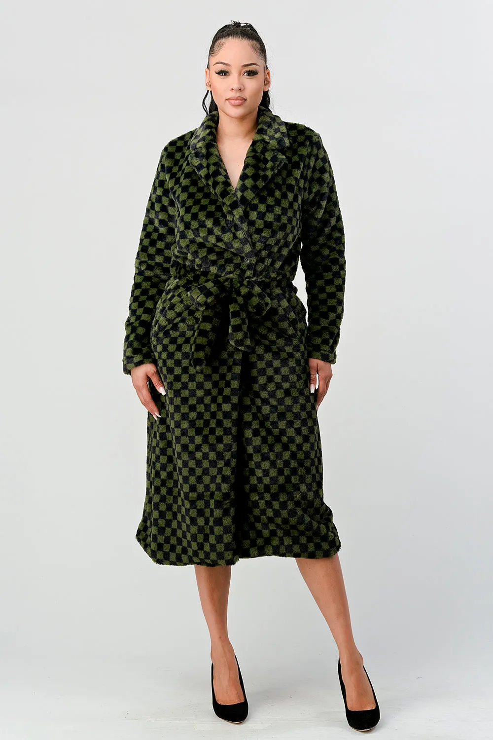 LUX FUR CHECKER PRINT WAIST TIE POCKETS LONG COAT