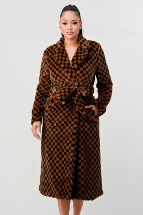 LUX FUR CHECKER PRINT WAIST TIE POCKETS LONG COAT