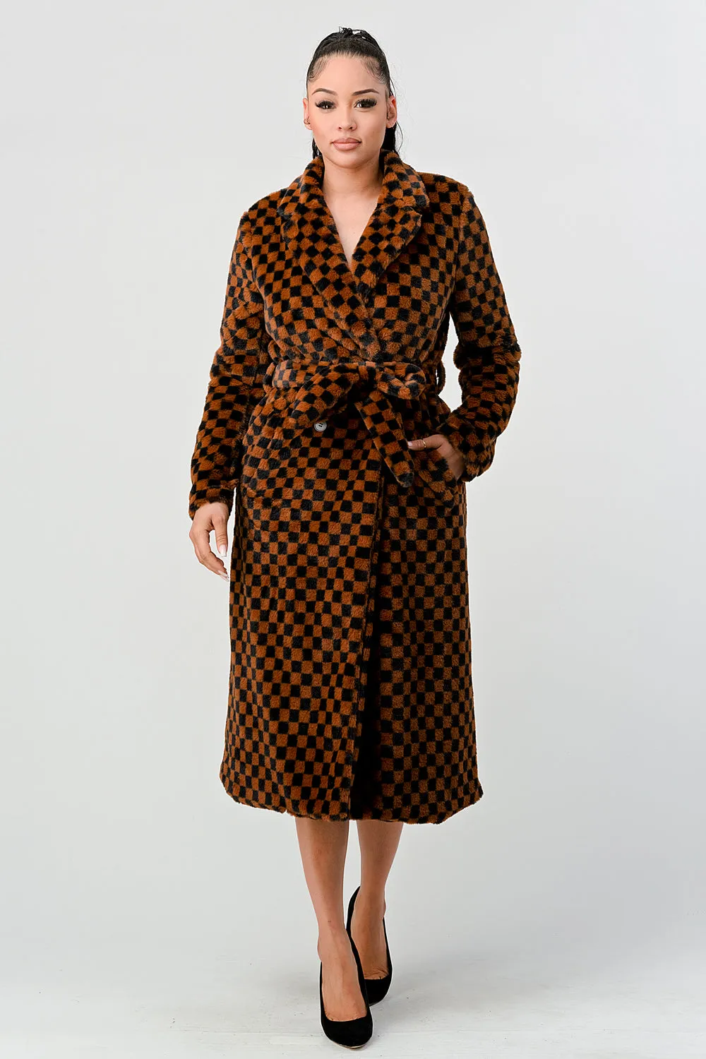 LUX FUR CHECKER PRINT WAIST TIE POCKETS LONG COAT