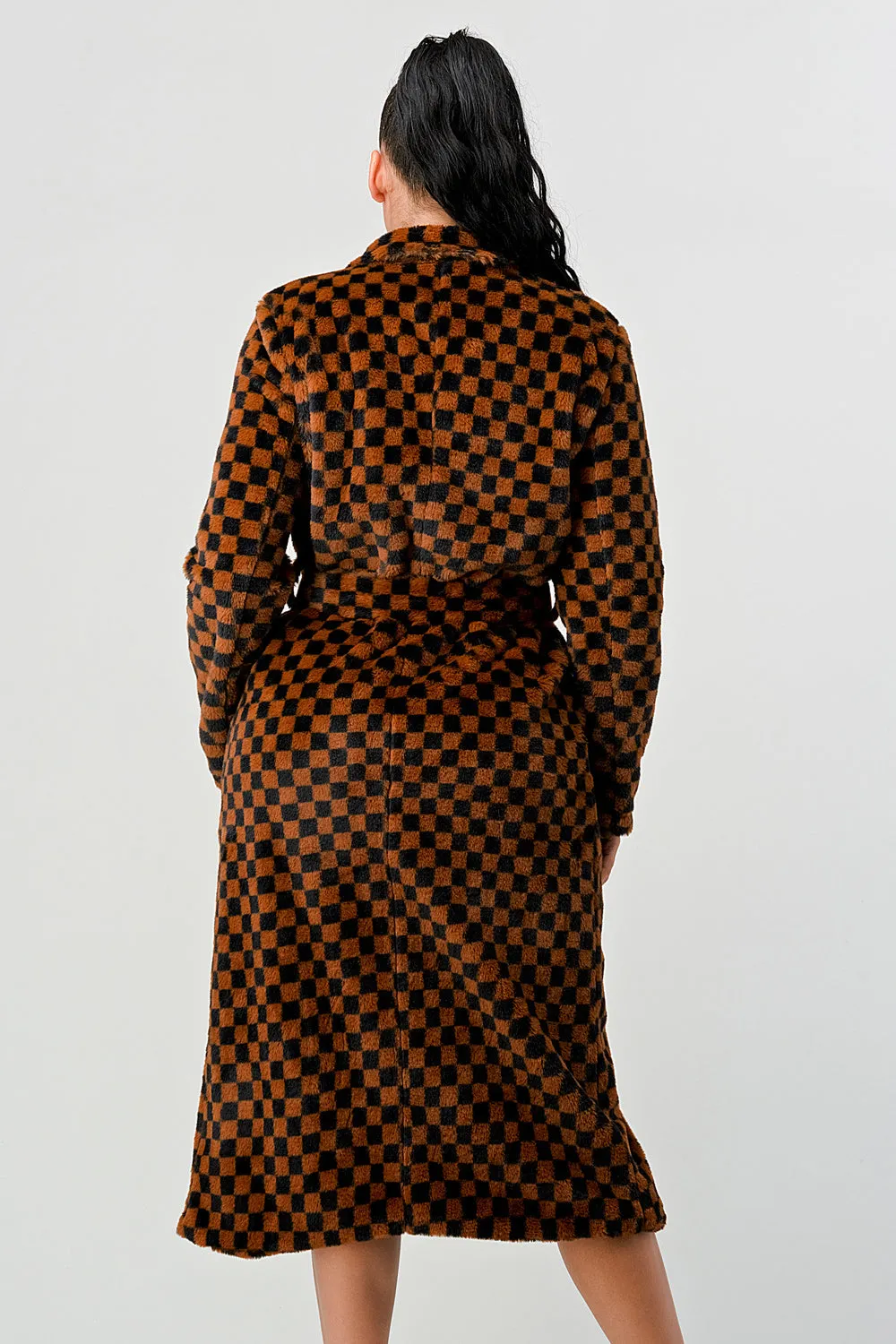 LUX FUR CHECKER PRINT WAIST TIE POCKETS LONG COAT