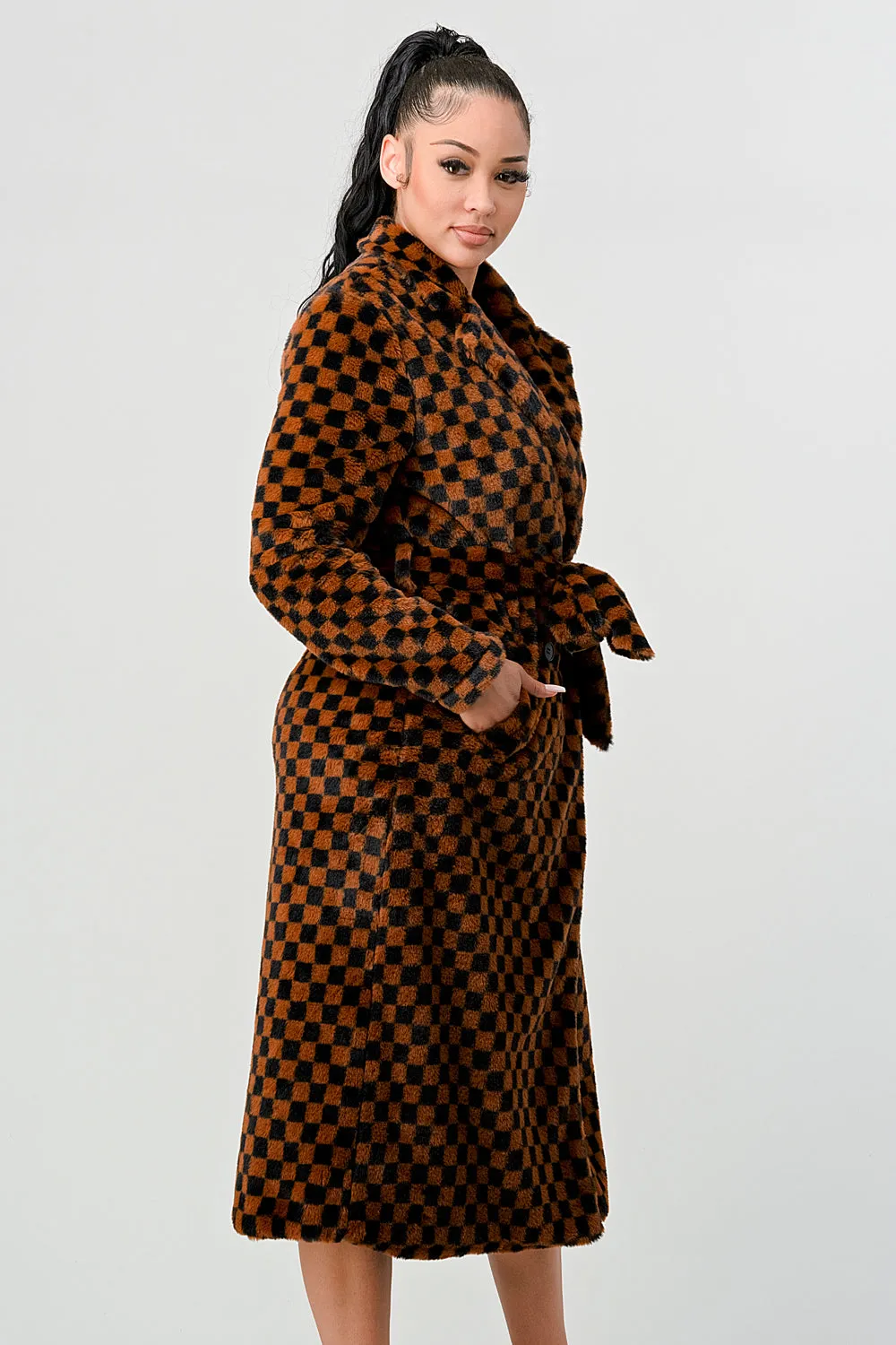 LUX FUR CHECKER PRINT WAIST TIE POCKETS LONG COAT