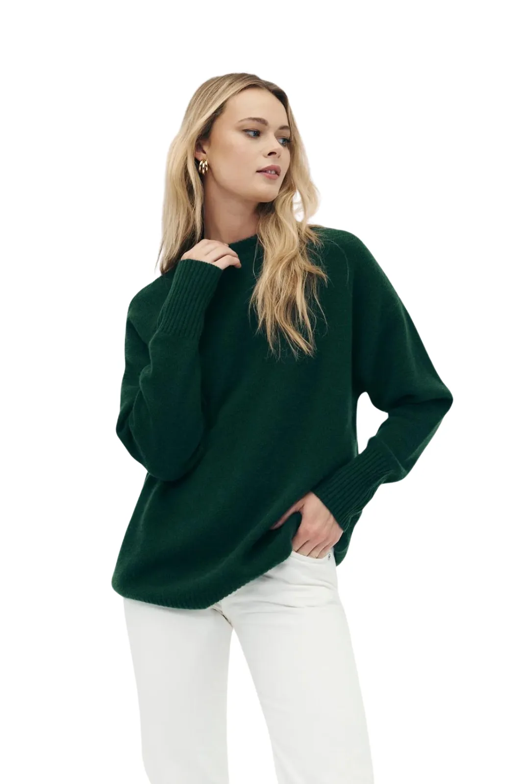 Luxe Cashmere Oversized Crewneck Sweater, Dark Green