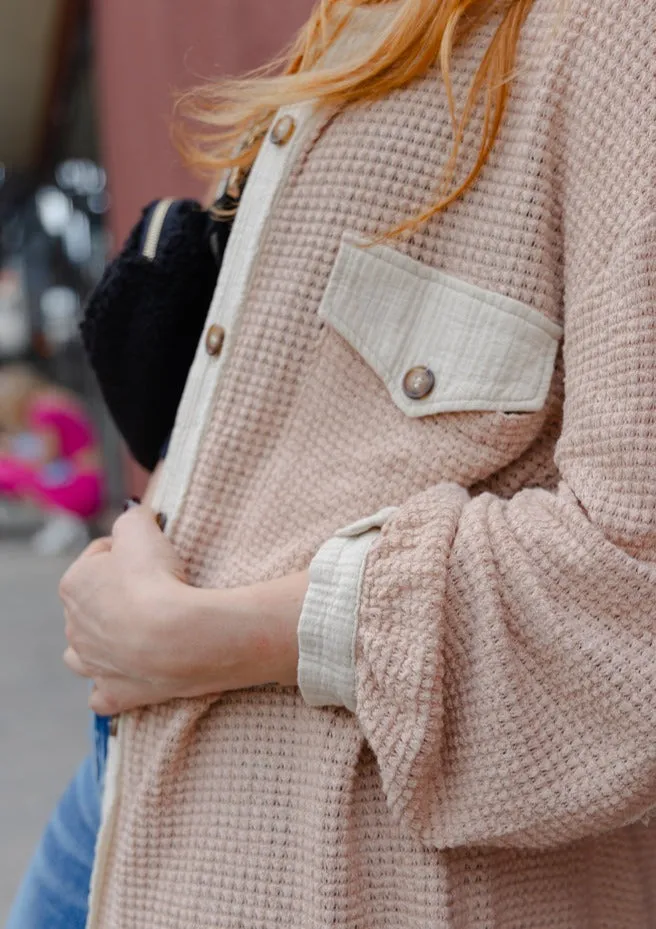 Meet Me There Waffle Knit Shacket in Pinky Beige