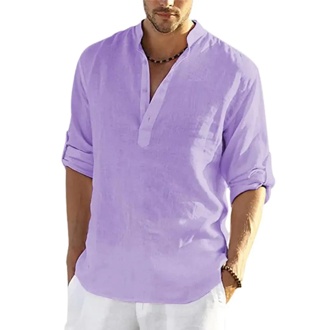 Men's Casual Cotton Linen Solid Color Long Sleeve Shirt Loose Stand Collar