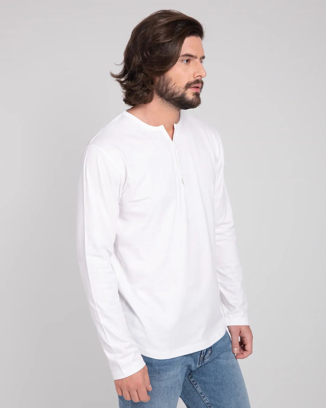 Men's Cotton Full Sleeve WHITE Henley T-Shirt by LazyChunks