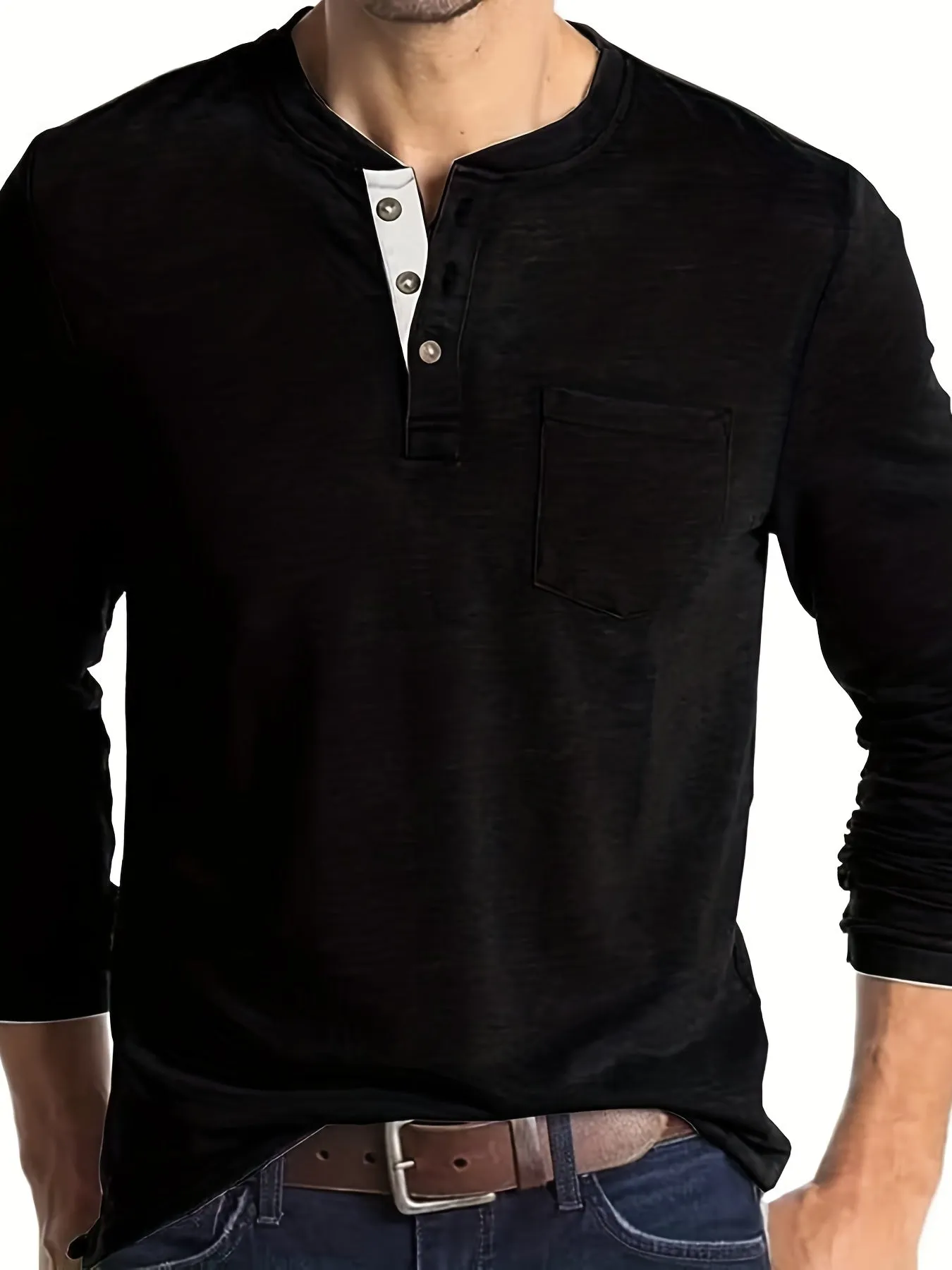 Men's Solid Color Henley T-shirt, Long Sleeve Comfy Casual Top For Autumn