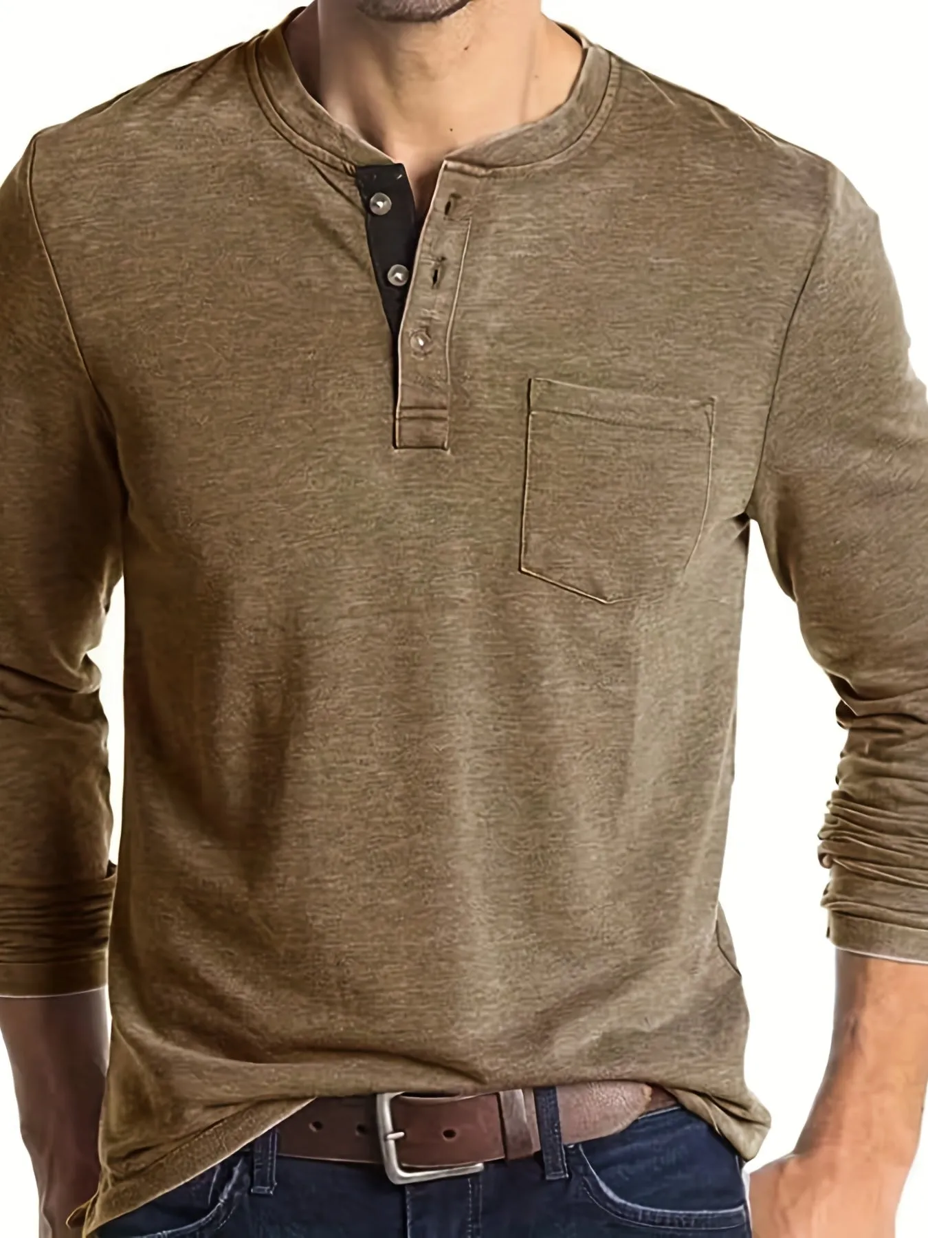 Men's Solid Color Henley T-shirt, Long Sleeve Comfy Casual Top For Autumn