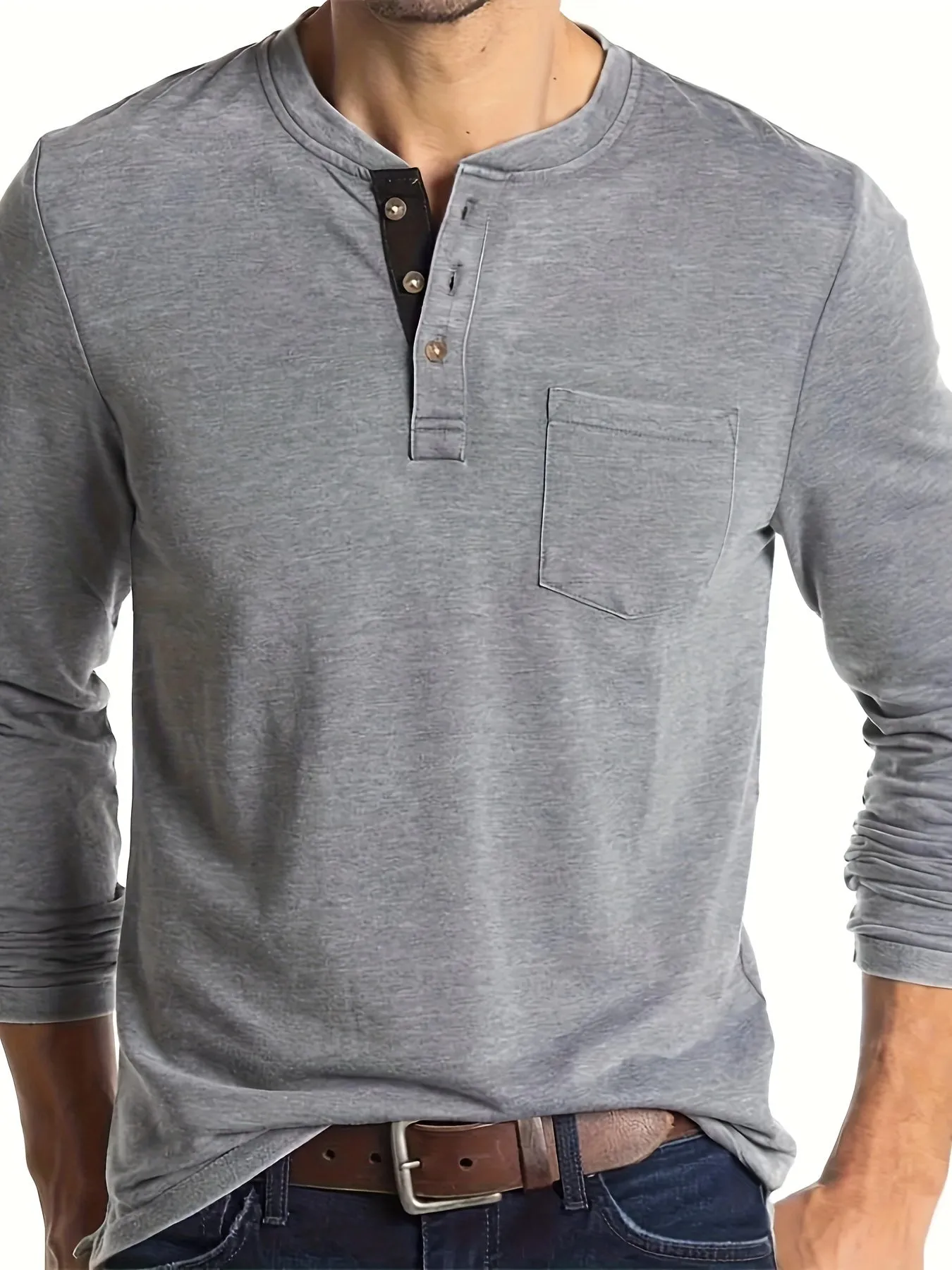 Men's Solid Color Henley T-shirt, Long Sleeve Comfy Casual Top For Autumn