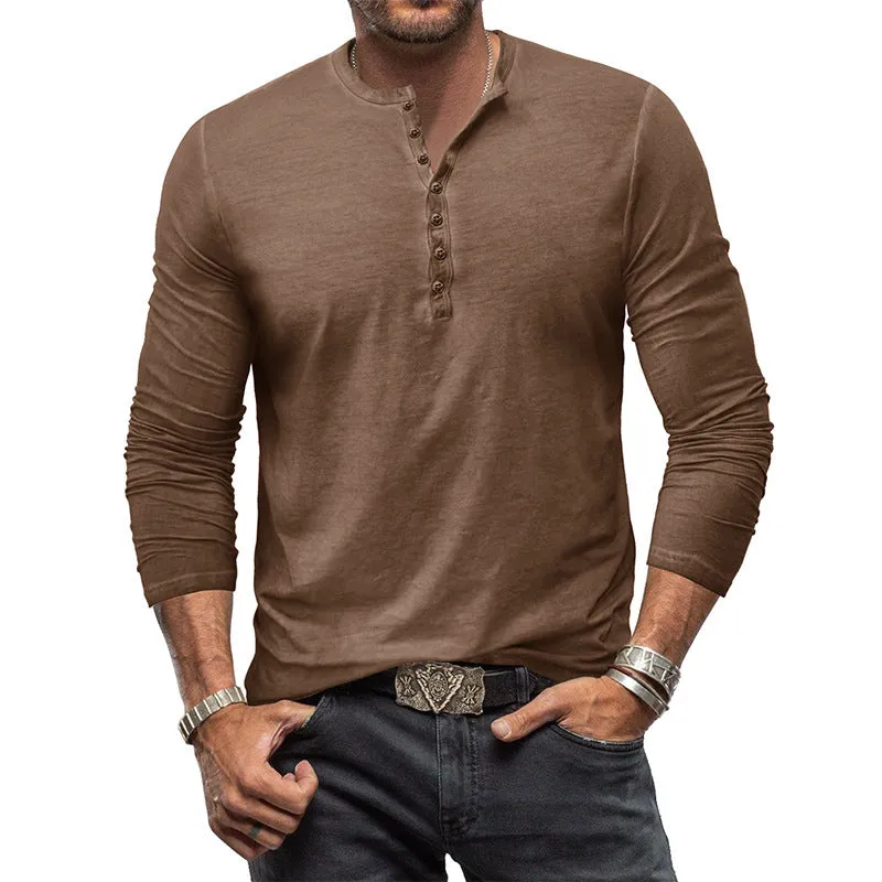 Men's Washed Look 7-Button Henley Long Sleeve Shirt