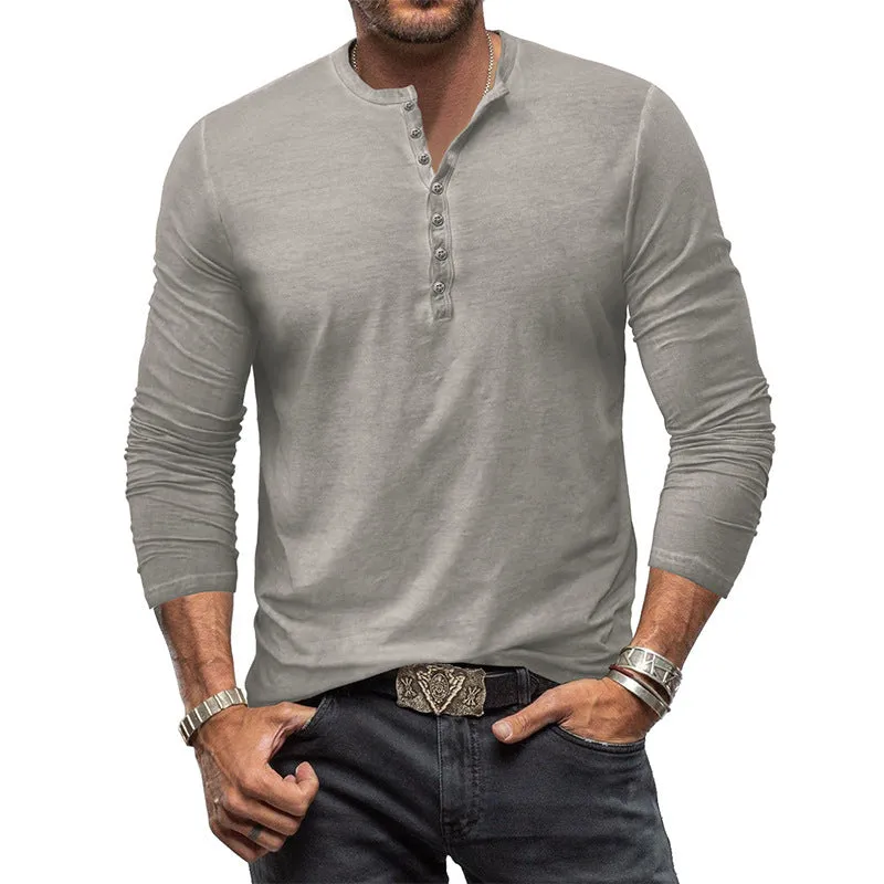 Men's Washed Look 7-Button Henley Long Sleeve Shirt