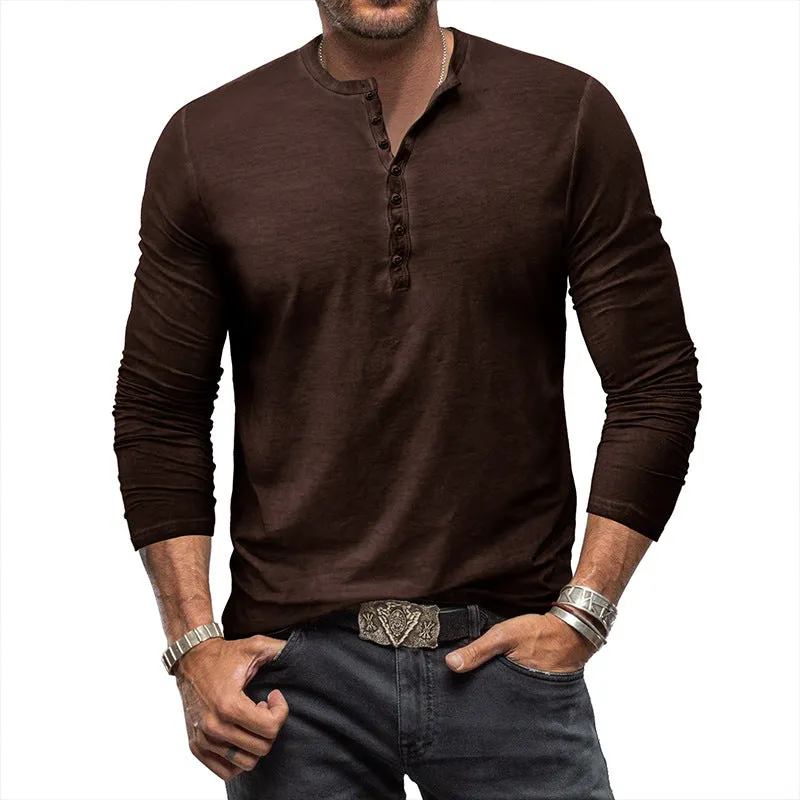 Men's Washed Look 7-Button Henley Long Sleeve Shirt