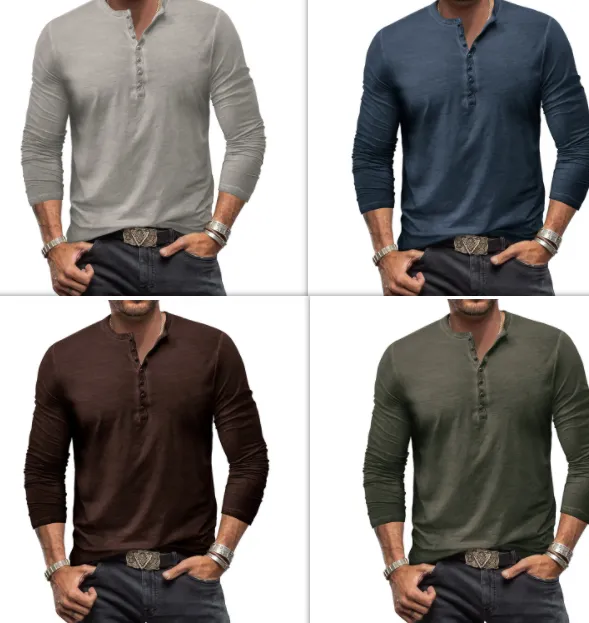 Men's Washed Look 7-Button Henley Long Sleeve Shirt