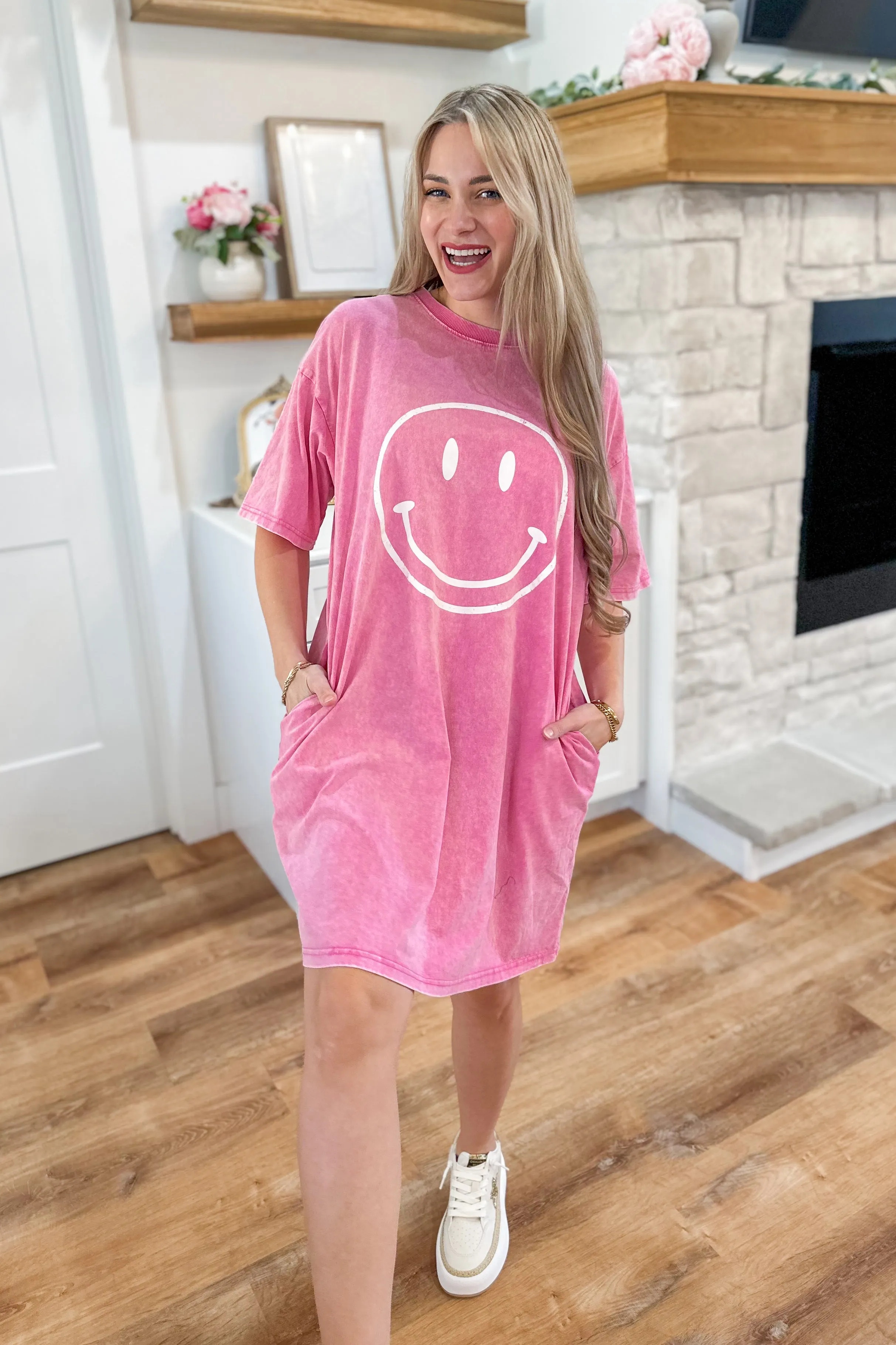 Mia Short Sleeve Happy Face Mineral Washed Cotton Dress *FINAL SALE