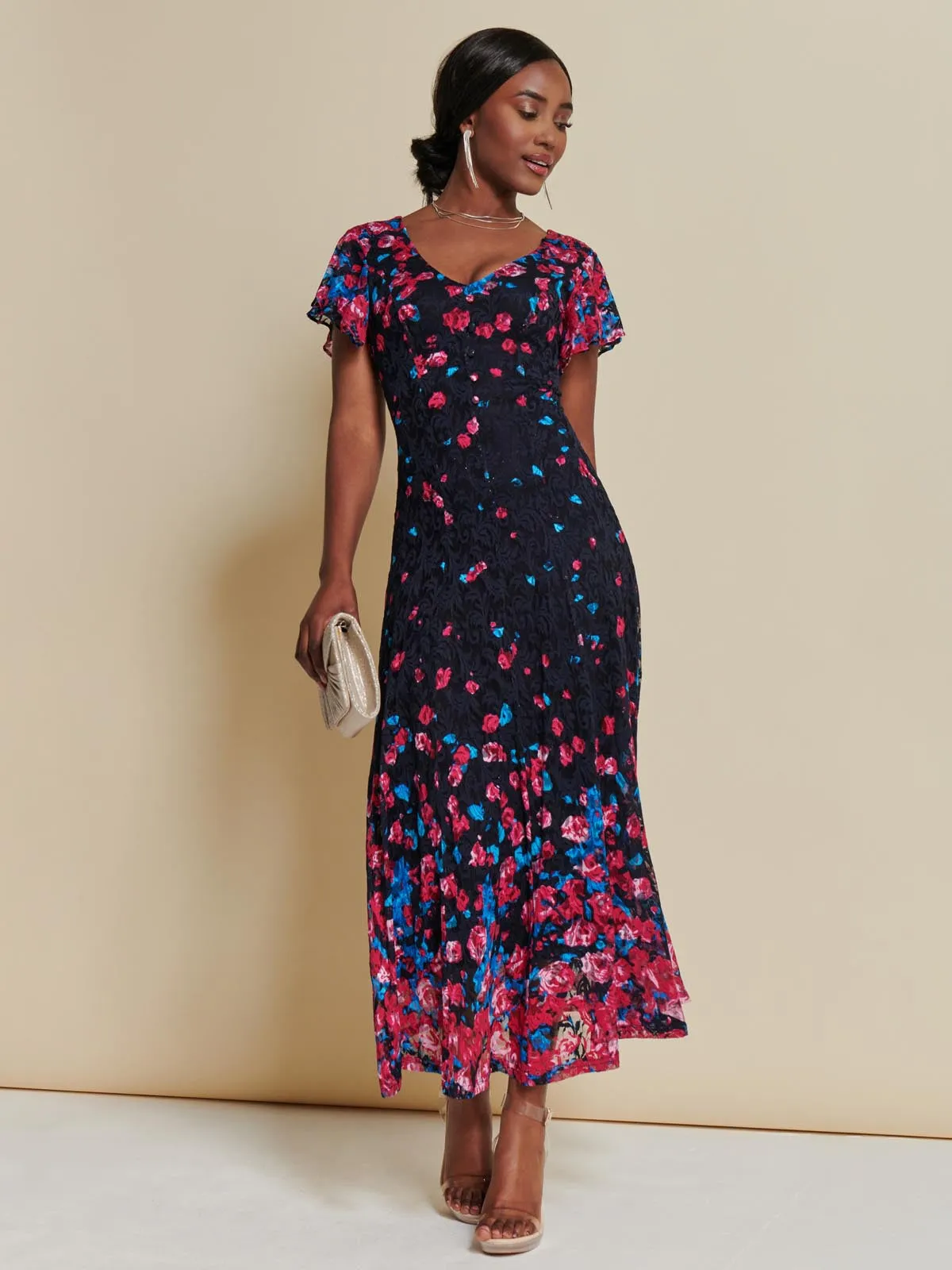 Mirrored Print Lace Maxi Dress, Pink Multi