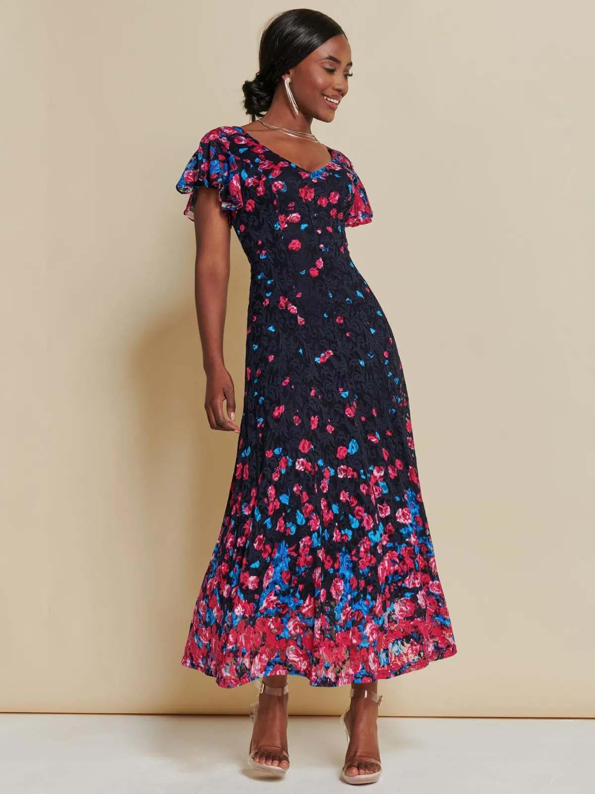 Mirrored Print Lace Maxi Dress, Pink Multi