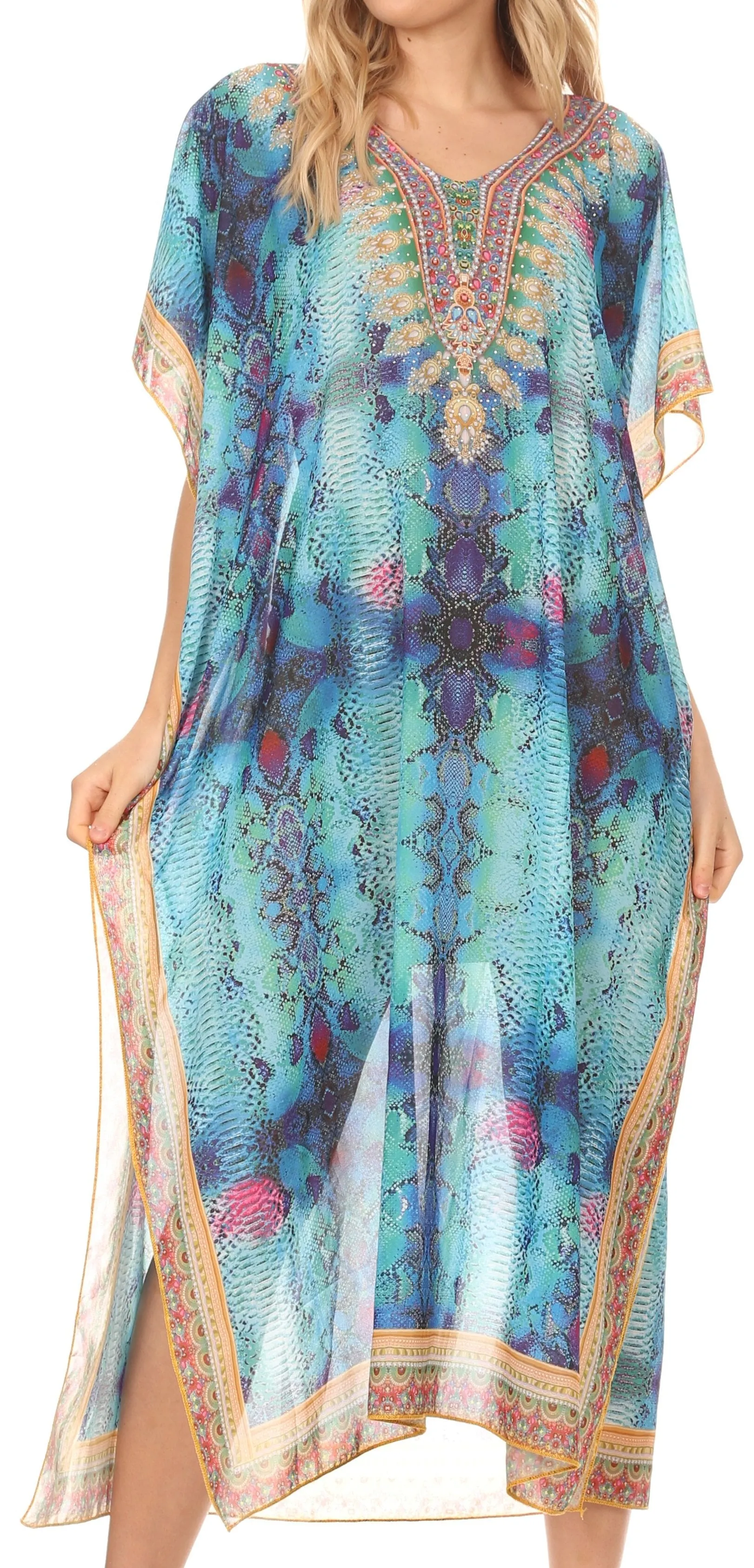 MKY Astryd Women's Flowy Maxi Long Caftan Dress Cover Up with Rhinestone