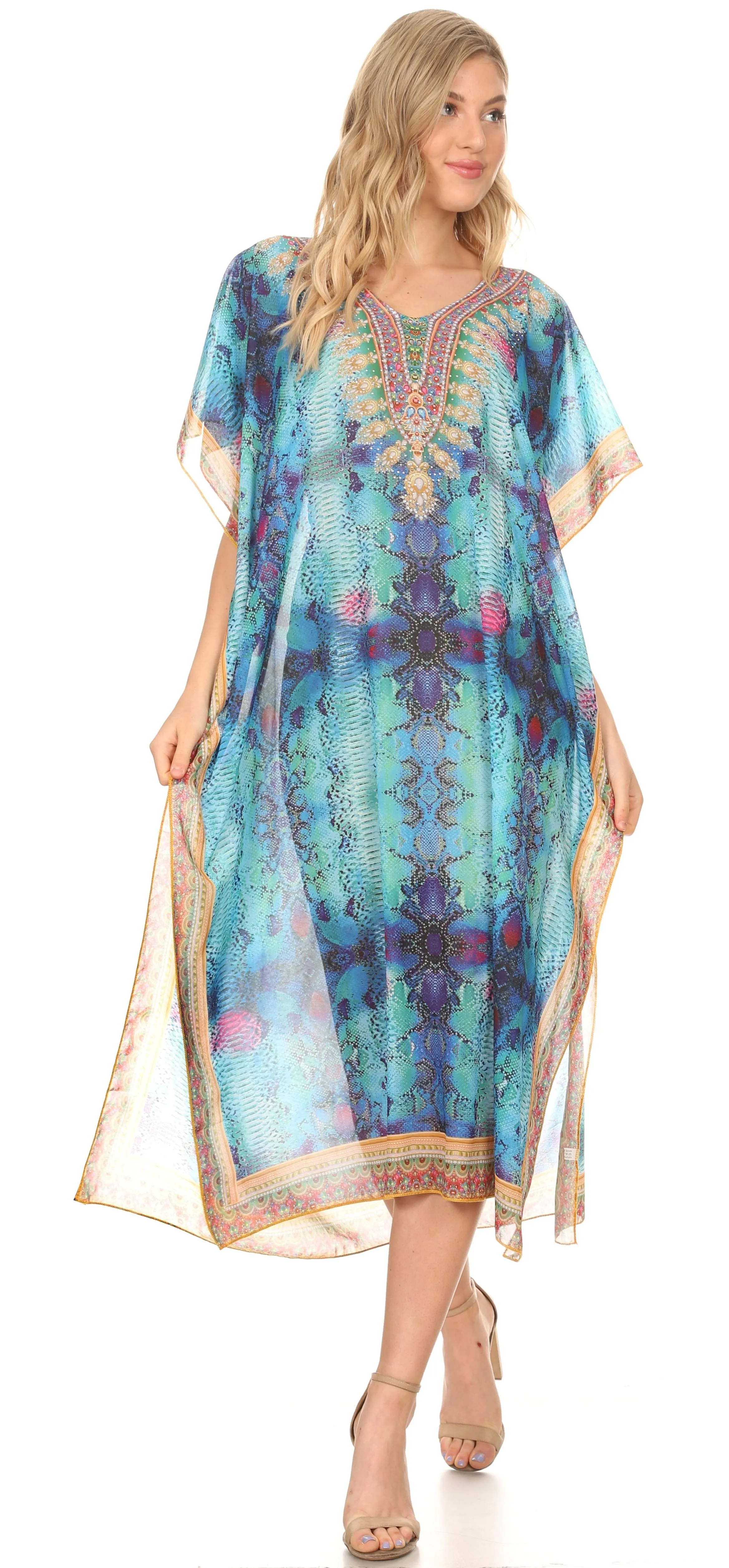 MKY Astryd Women's Flowy Maxi Long Caftan Dress Cover Up with Rhinestone