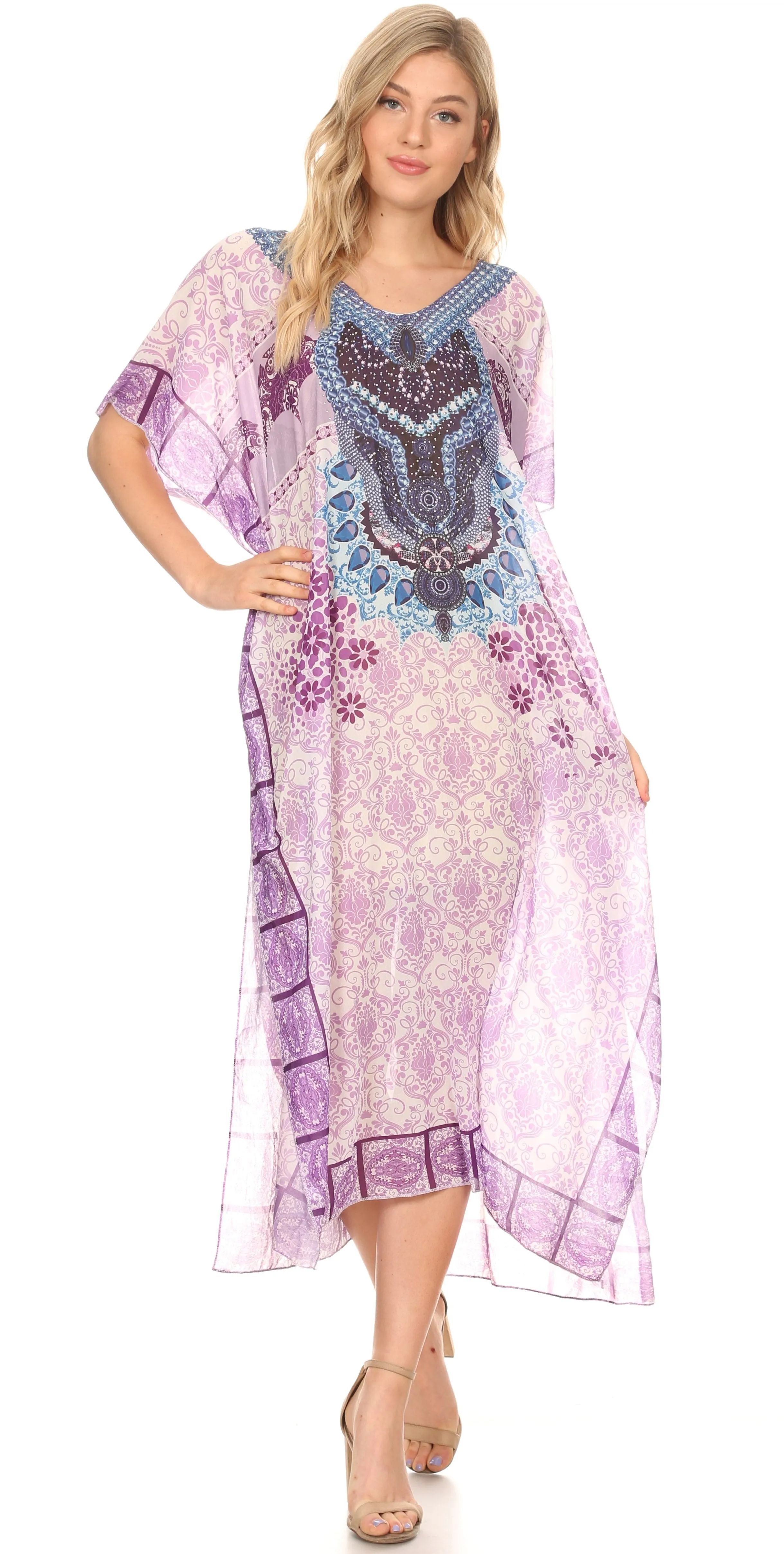 MKY Astryd Women's Flowy Maxi Long Caftan Dress Cover Up with Rhinestone