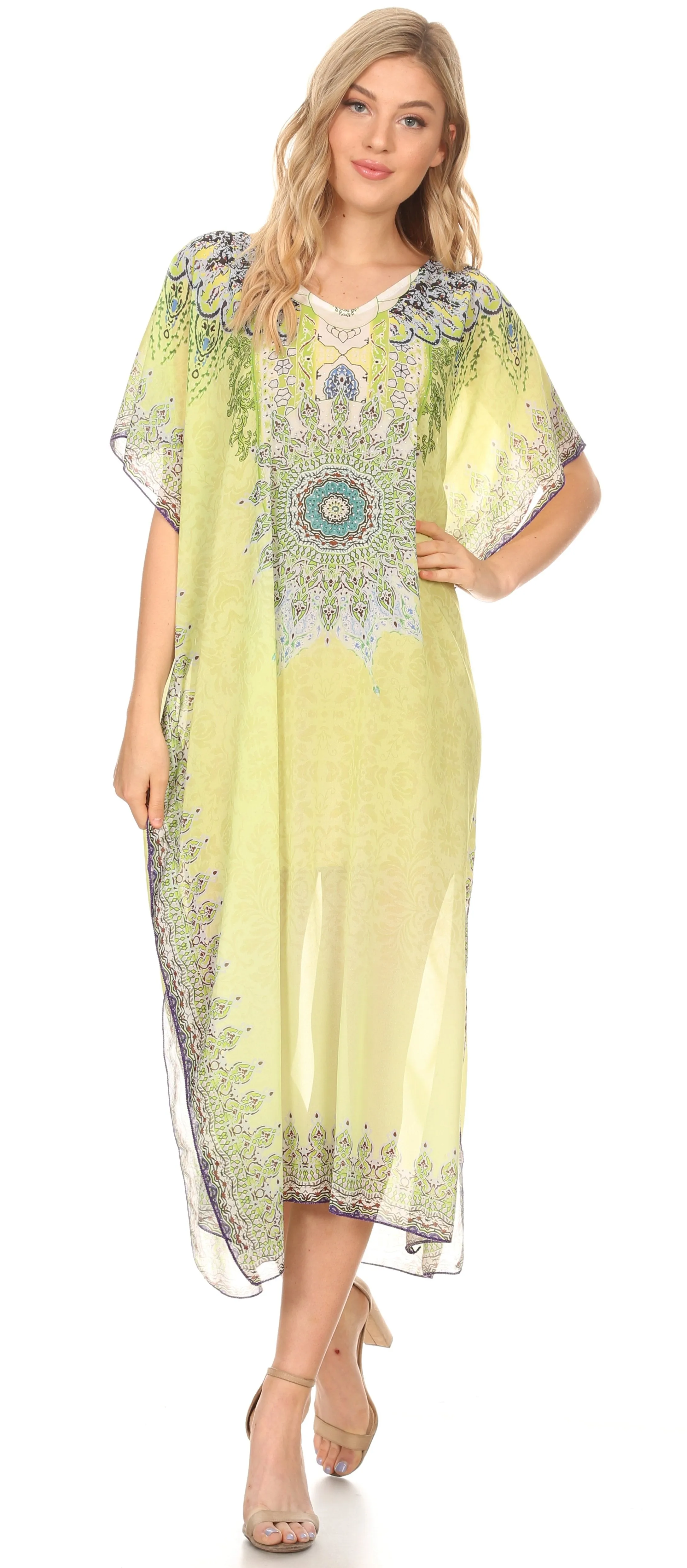 MKY Astryd Women's Flowy Maxi Long Caftan Dress Cover Up with Rhinestone