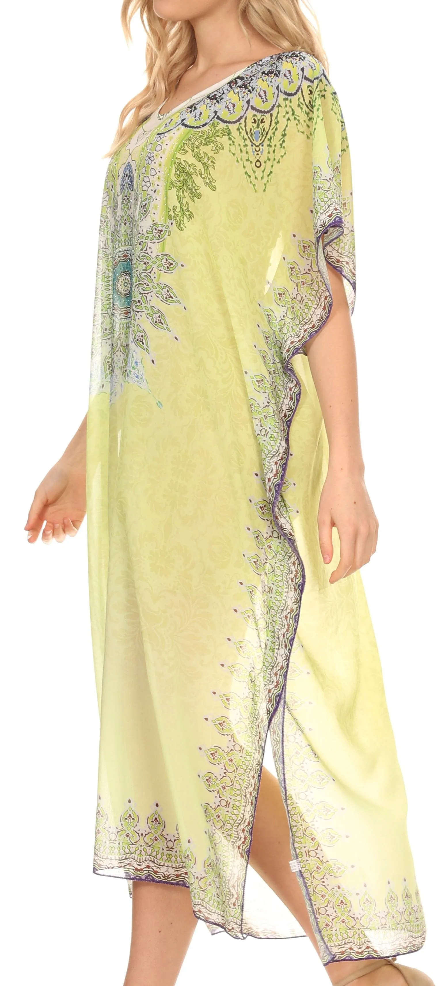 MKY Astryd Women's Flowy Maxi Long Caftan Dress Cover Up with Rhinestone