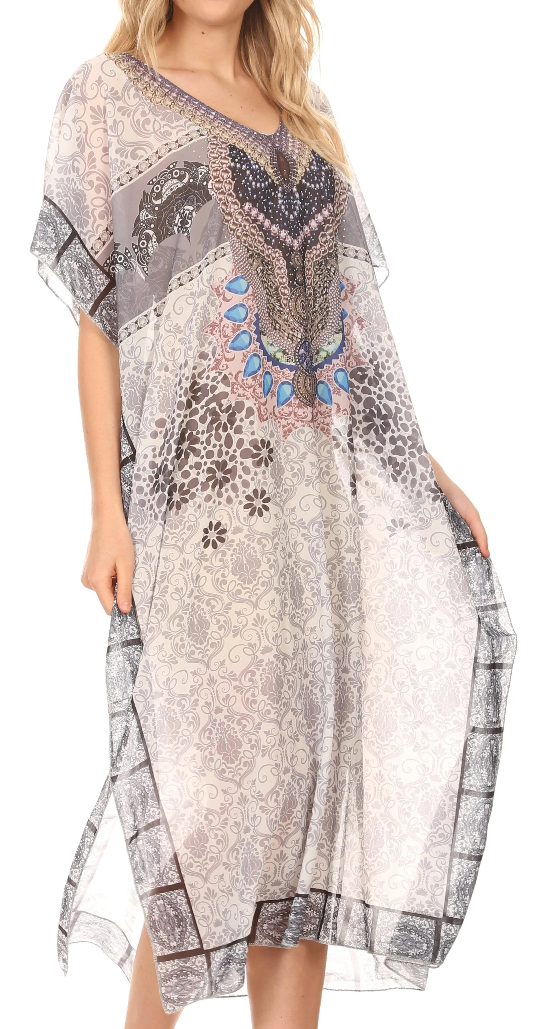 MKY Astryd Women's Flowy Maxi Long Caftan Dress Cover Up with Rhinestone