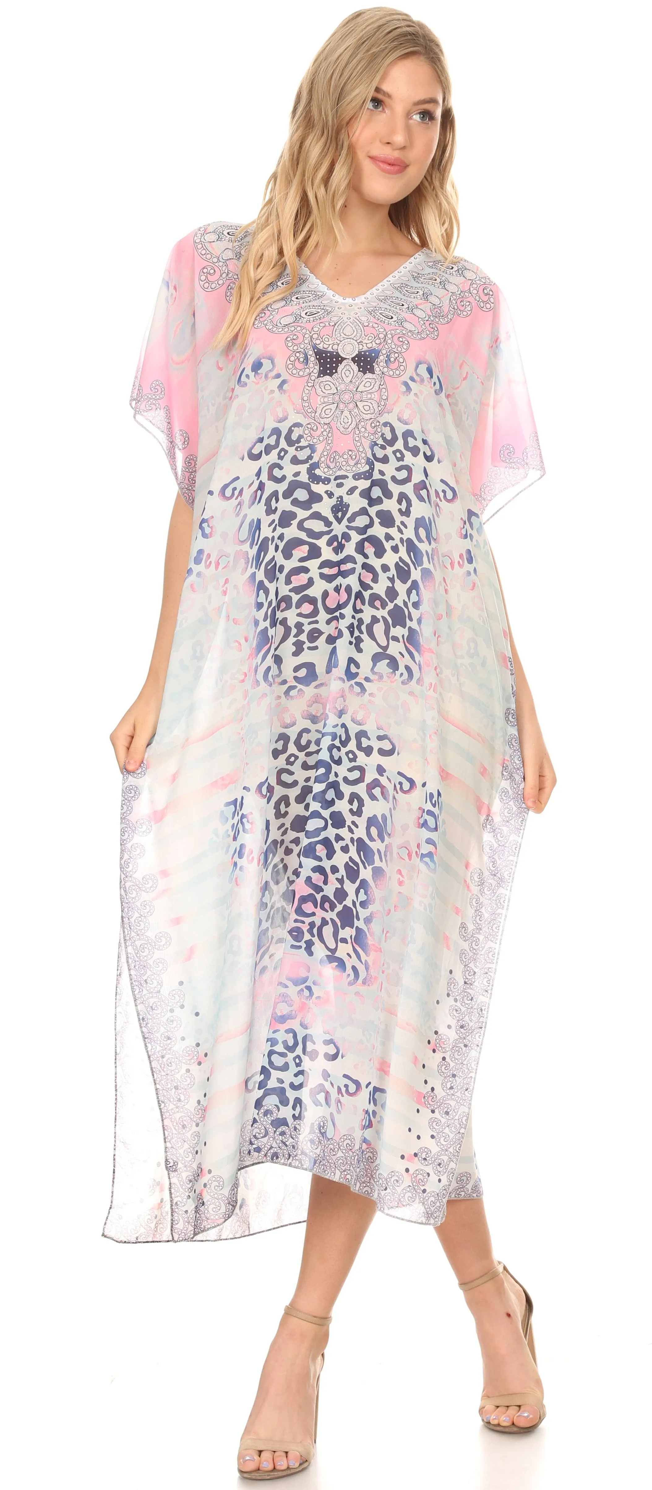 MKY Astryd Women's Flowy Maxi Long Caftan Dress Cover Up with Rhinestone