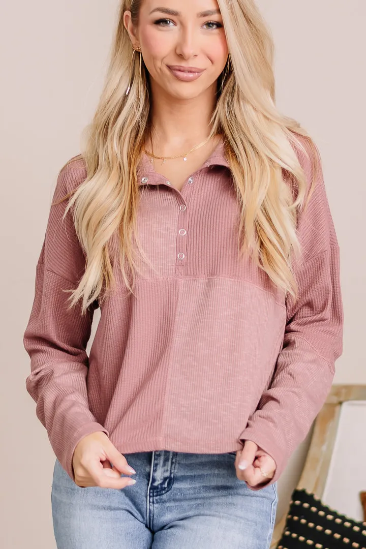 Mock Neck Wide Collar Henley Top | Marsala