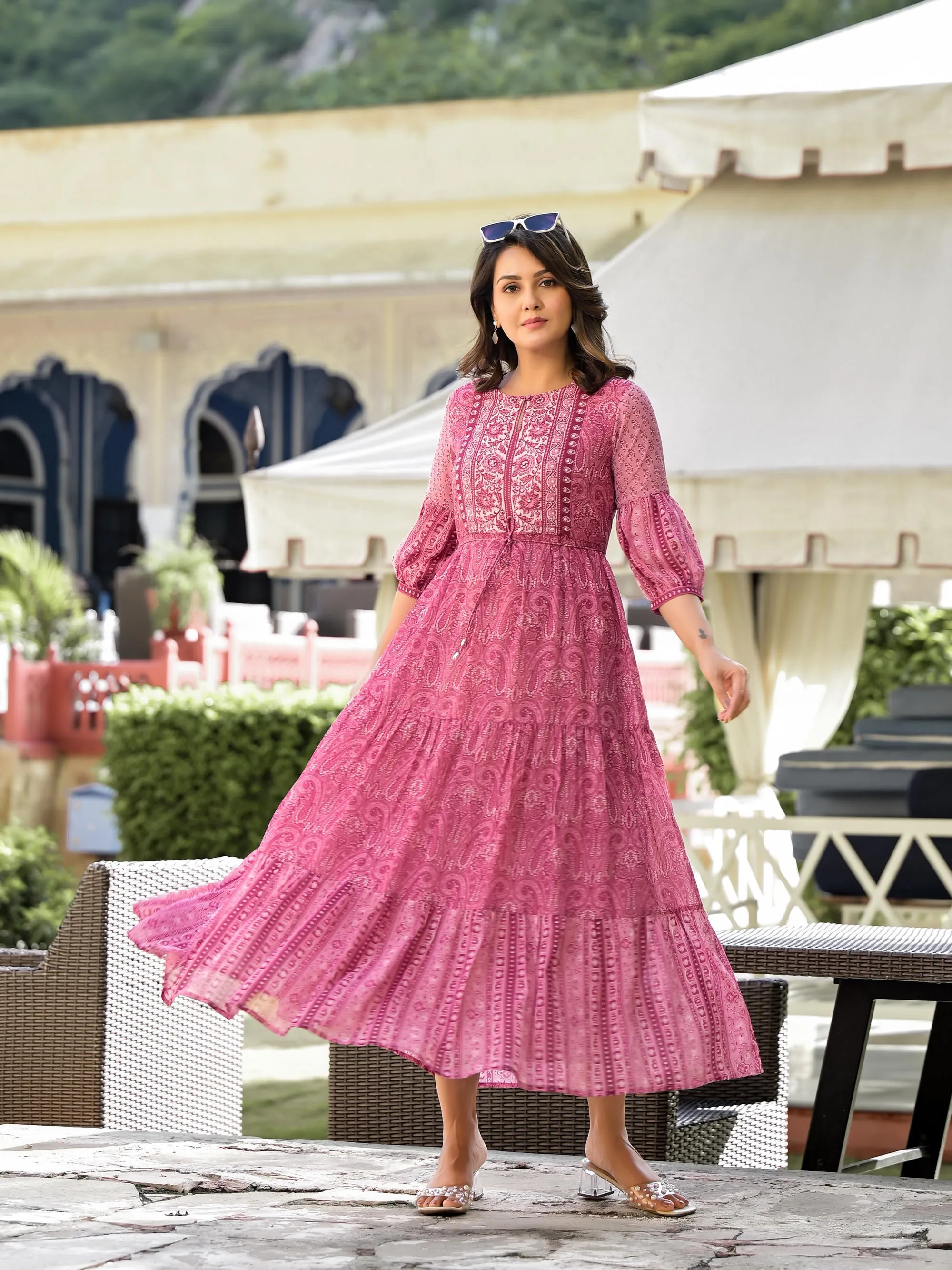 Onion Pink Ethnic Motif Printed Georgette Gathers Maxi Dress With Sequins & Doris