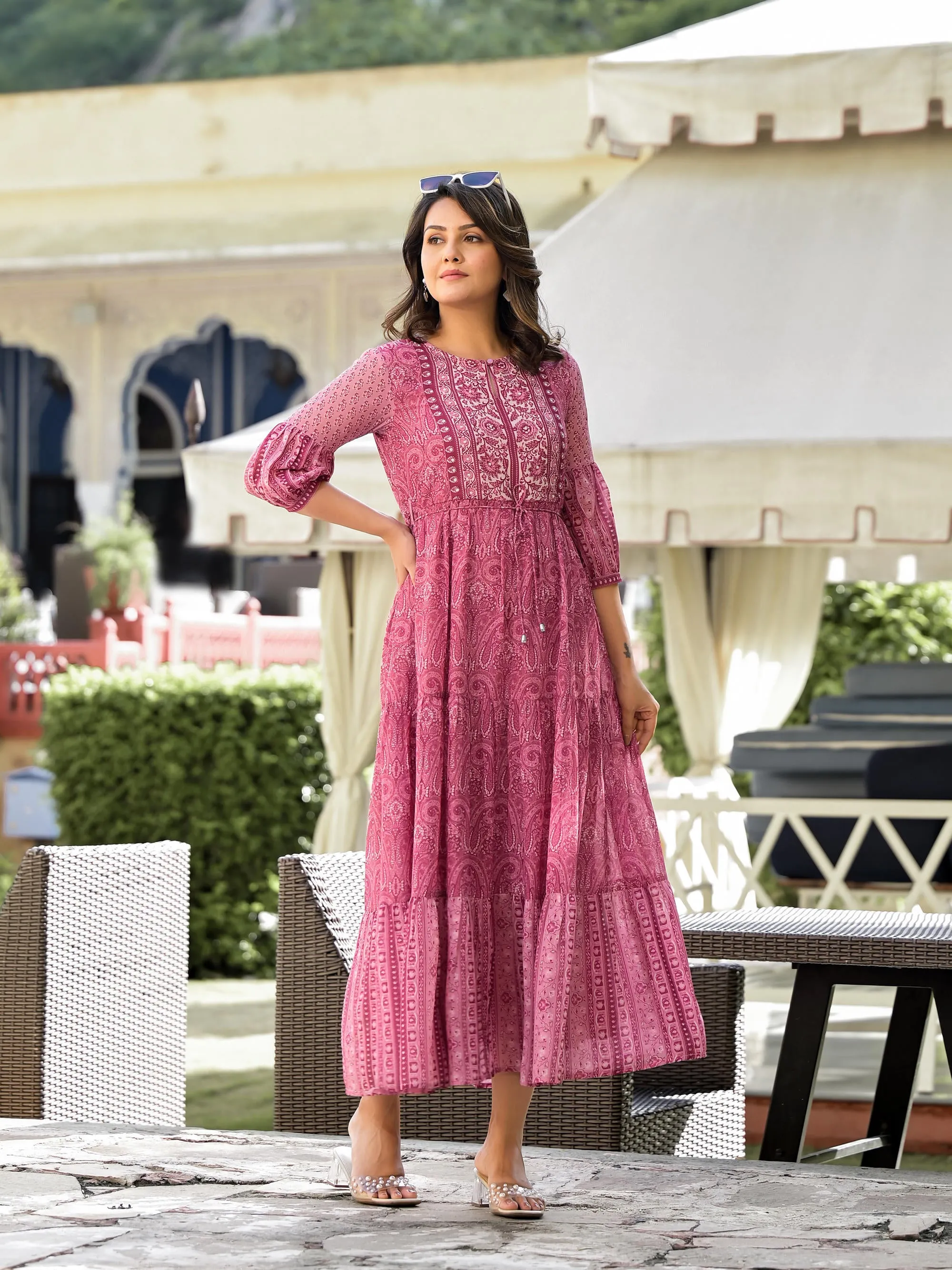 Onion Pink Ethnic Motif Printed Georgette Gathers Maxi Dress With Sequins & Doris