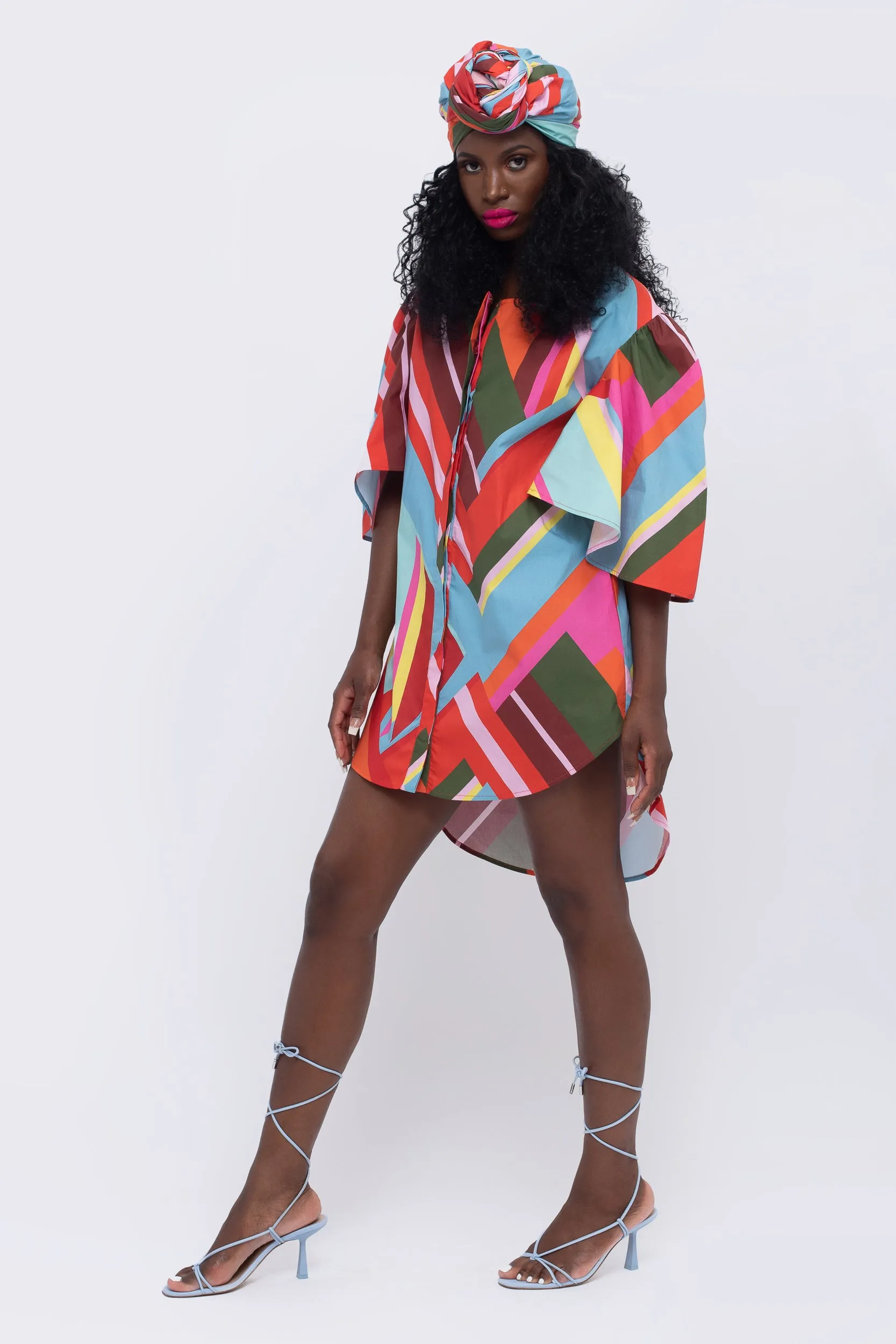 Paradise Geometric Print Fan Sleeve Dress