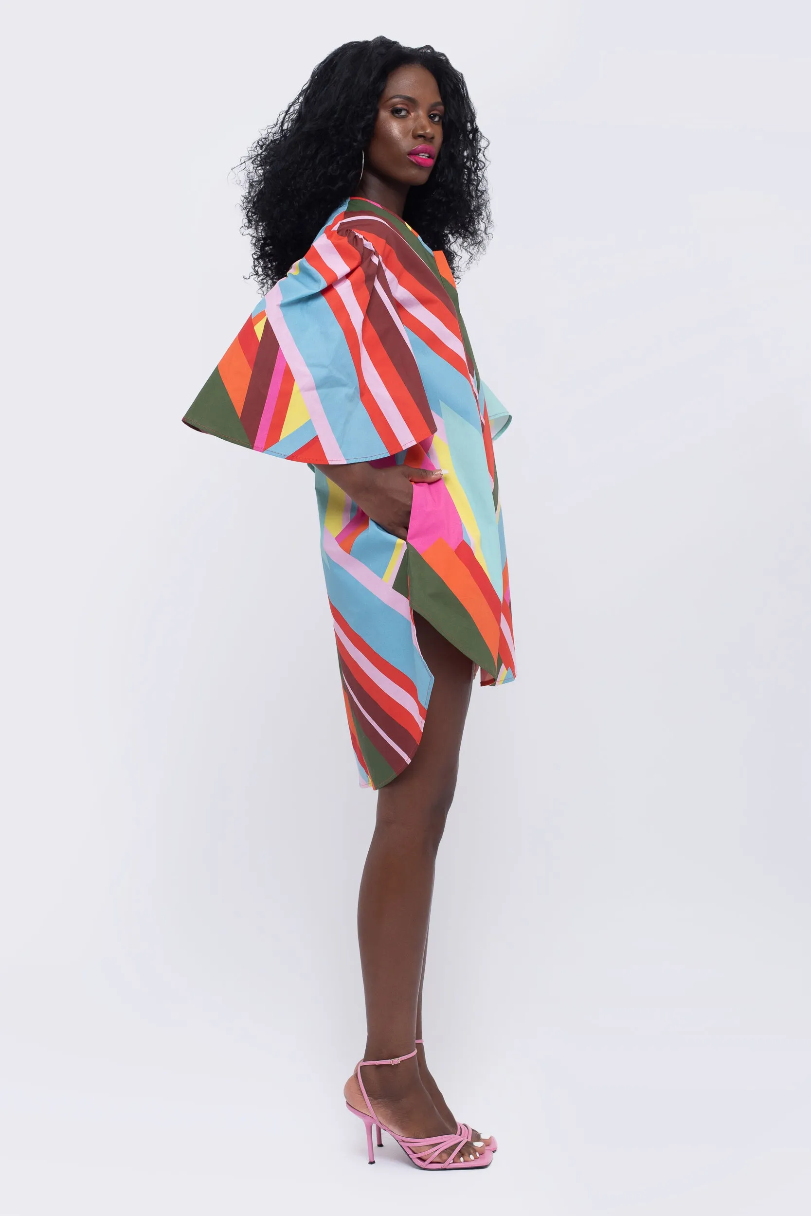 Paradise Geometric Print Fan Sleeve Dress