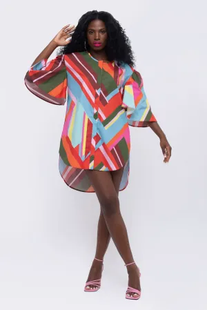 Paradise Geometric Print Fan Sleeve Dress