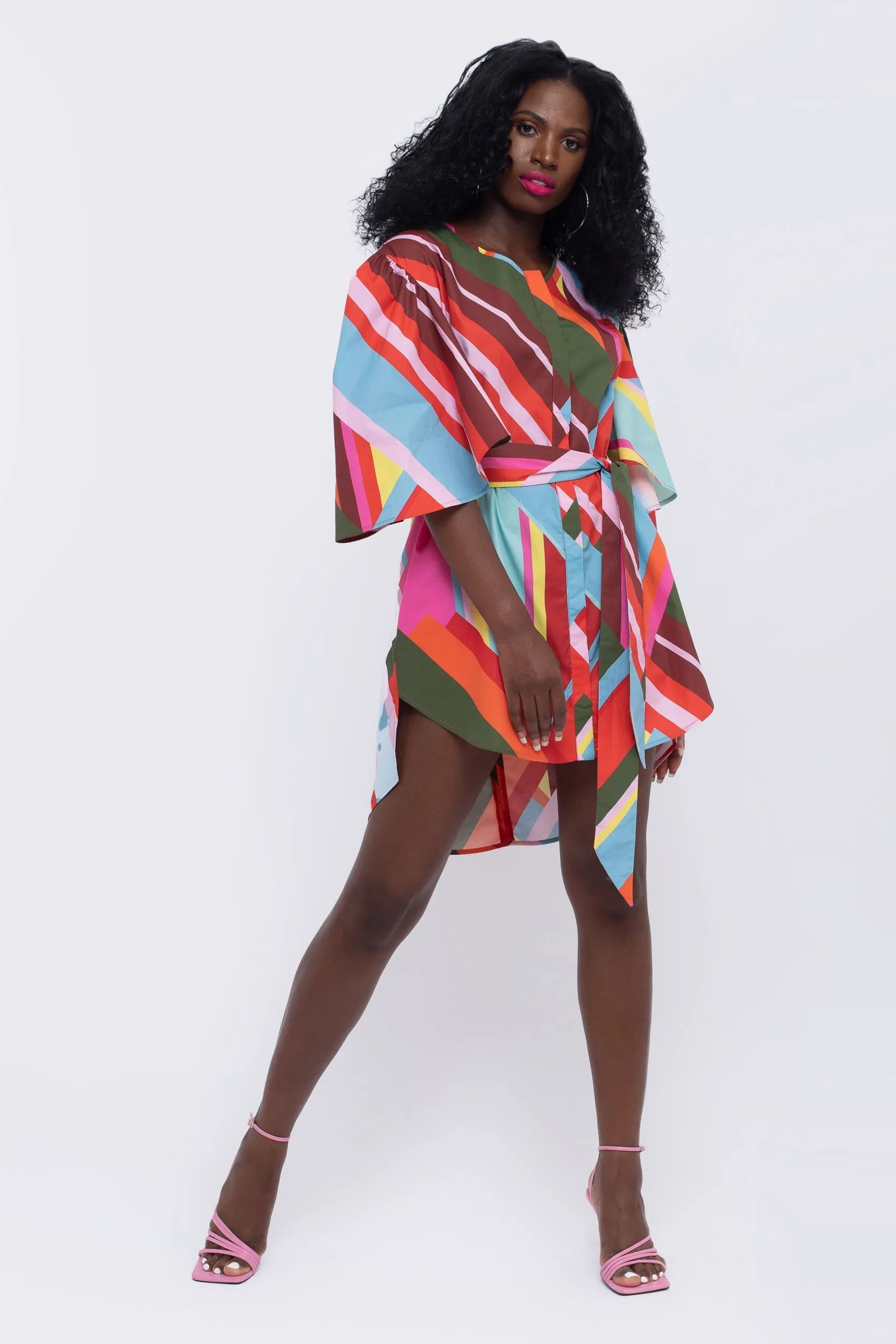 Paradise Geometric Print Fan Sleeve Dress