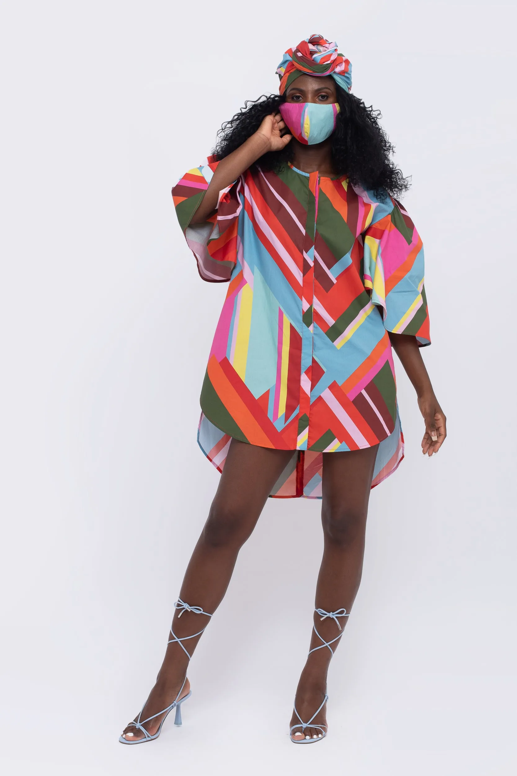 Paradise Geometric Print Fan Sleeve Dress