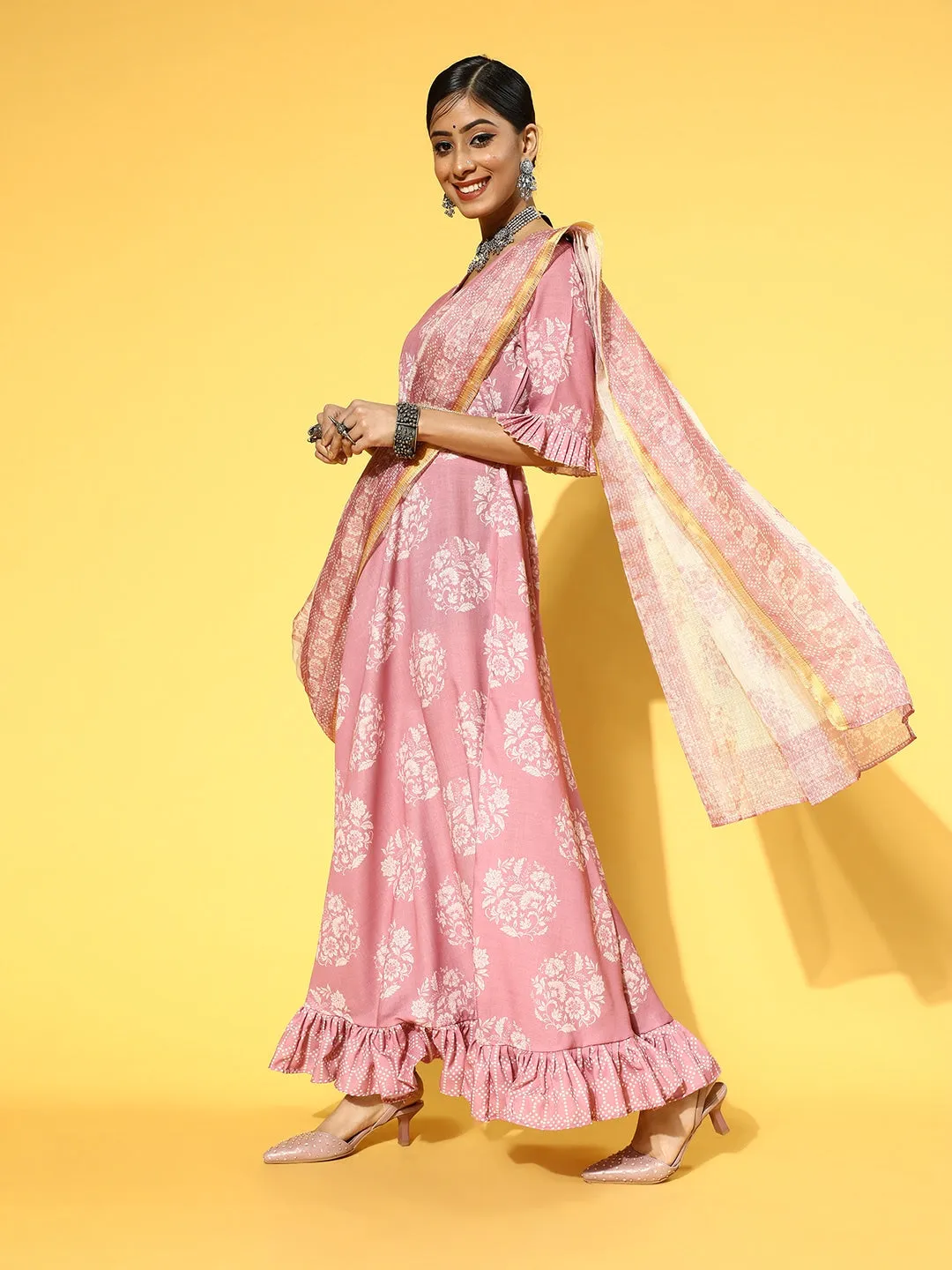 Pink & White Ethnic Ruffles Dupatta Dress