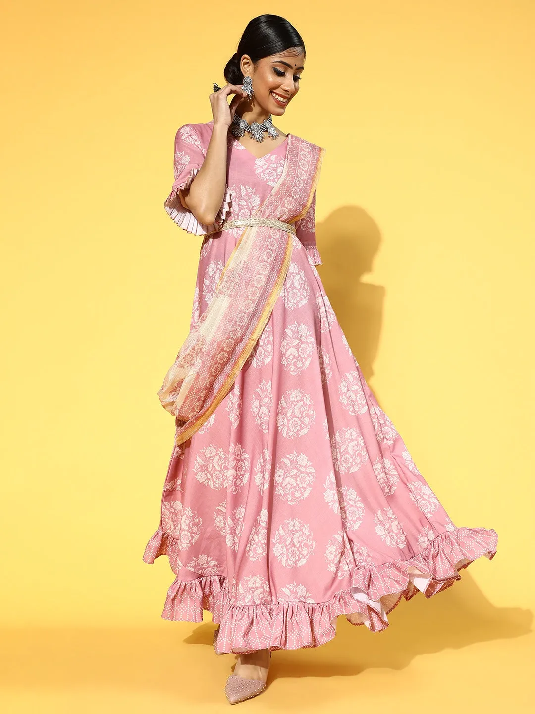 Pink & White Ethnic Ruffles Dupatta Dress