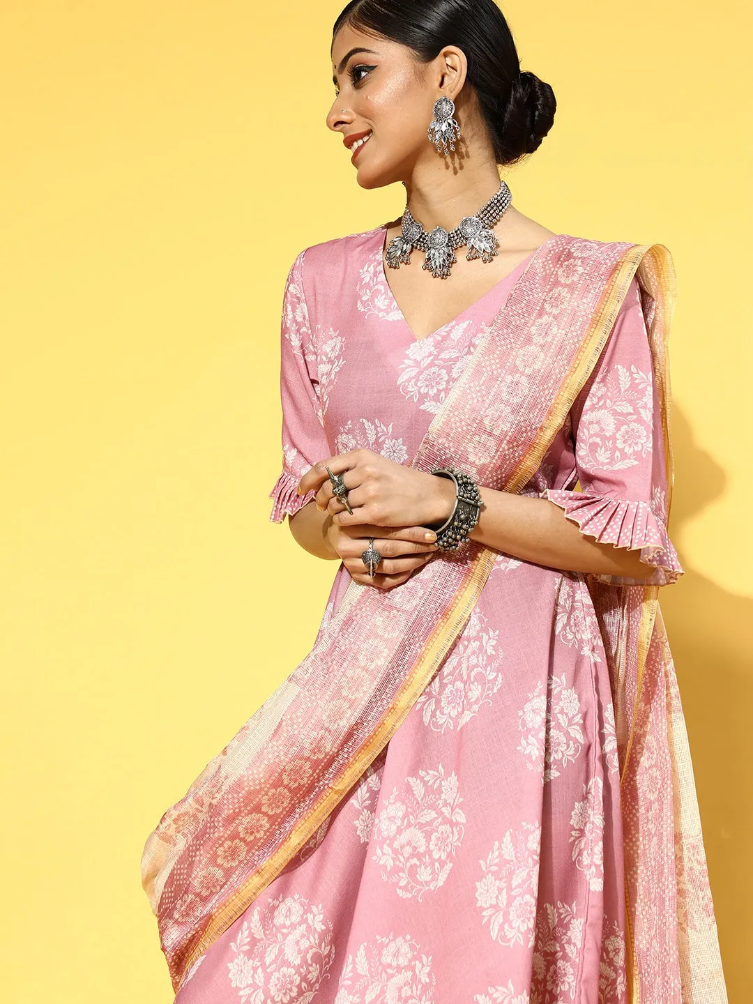 Pink & White Ethnic Ruffles Dupatta Dress