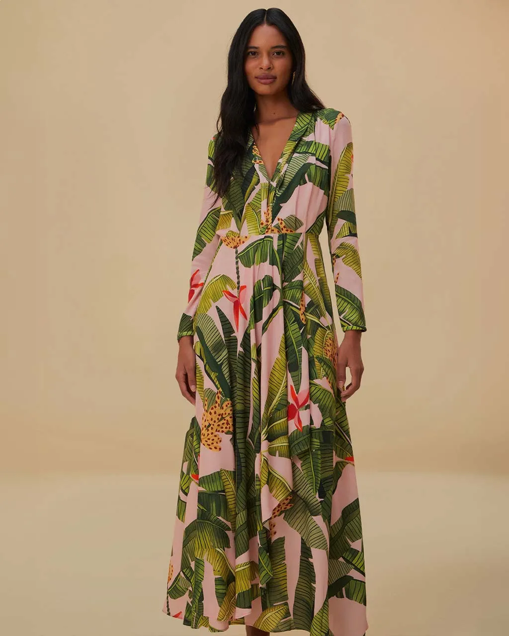 Pink Banana Leaves Maxi Dress