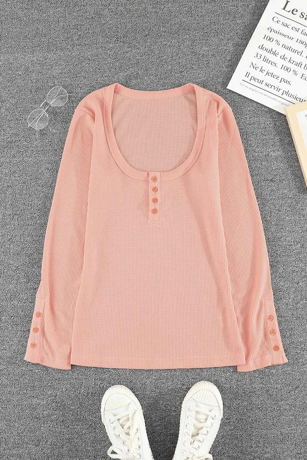 Pink Ribbed Scoop Neck Casual Long Sleeve Henley Shirt for Women