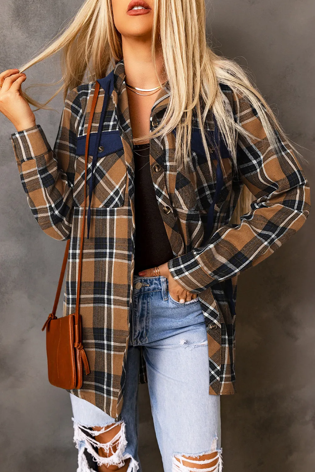 Plaid Contrasting Hood Pocketed Shacket