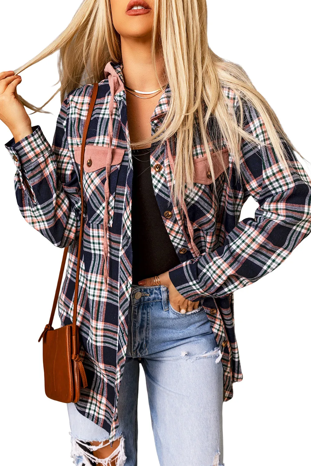 Plaid Contrasting Hood Pocketed Shacket