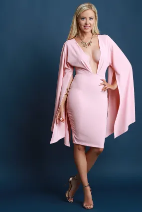 Plunging Neck Open Cape Sleeve Midi Dress