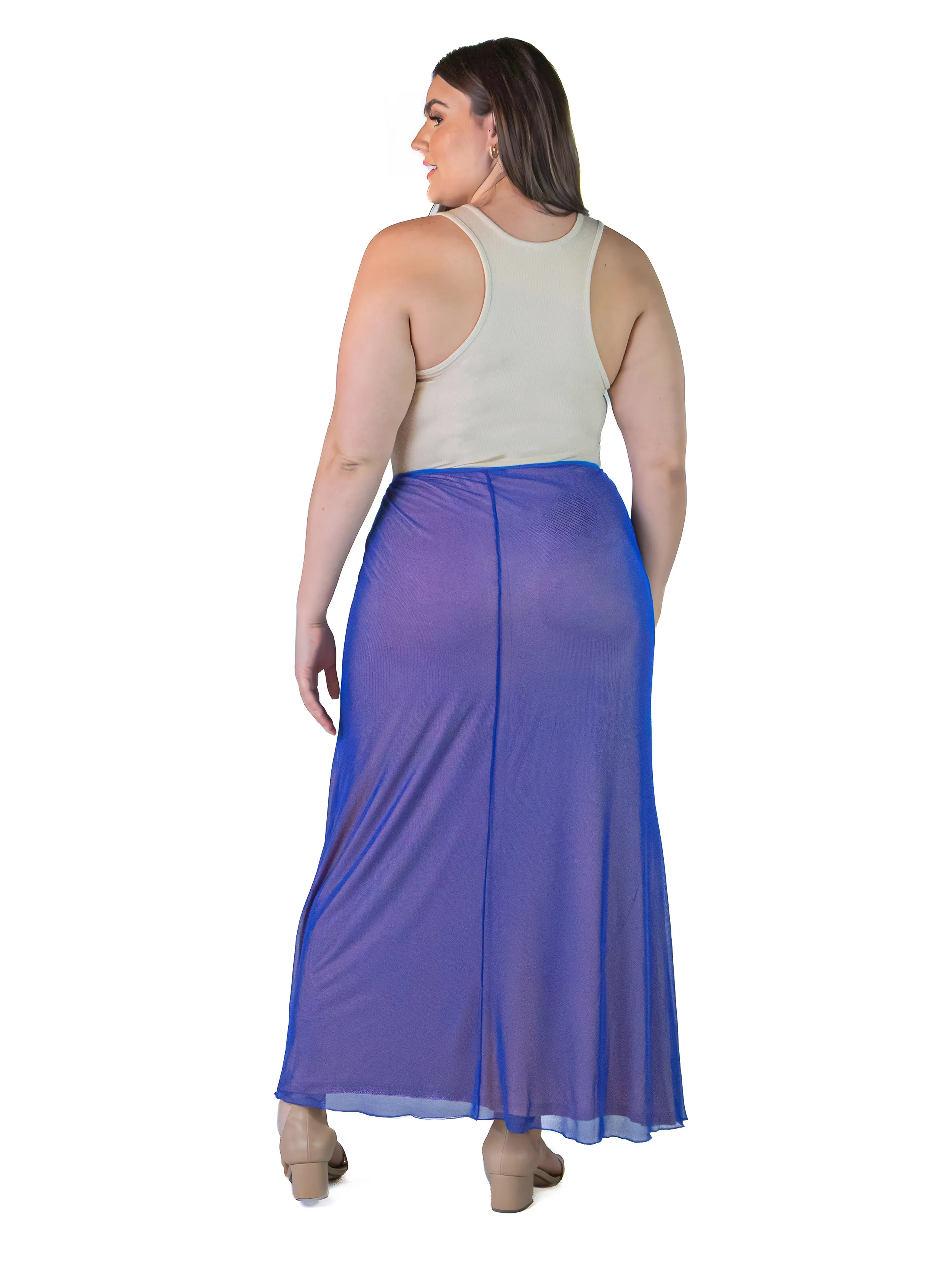 Plus Size Solid Color Sheer Overlay Elastic Waist Dressy Maxi Skirt