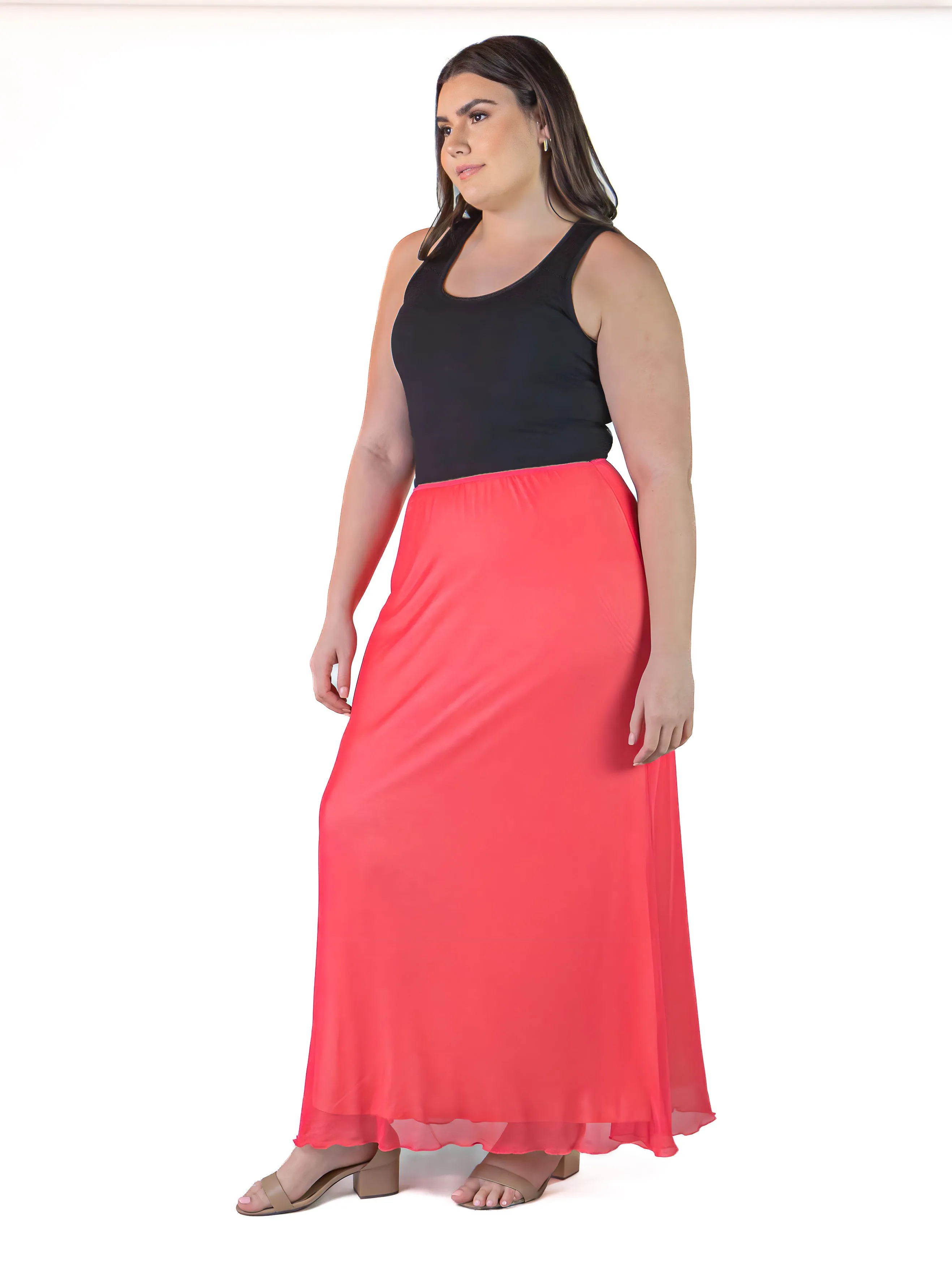 Plus Size Solid Color Sheer Overlay Elastic Waist Dressy Maxi Skirt