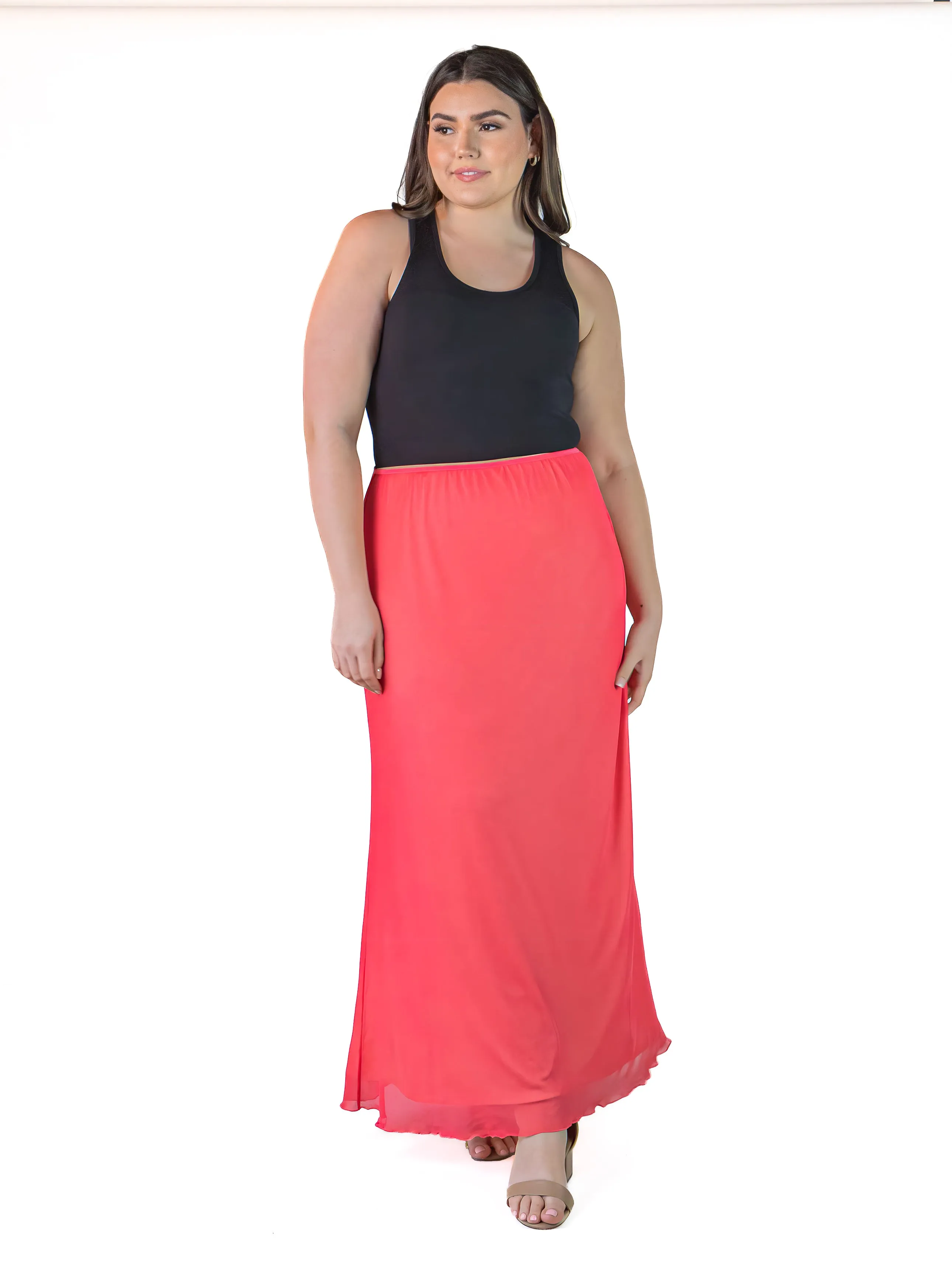 Plus Size Solid Color Sheer Overlay Elastic Waist Dressy Maxi Skirt