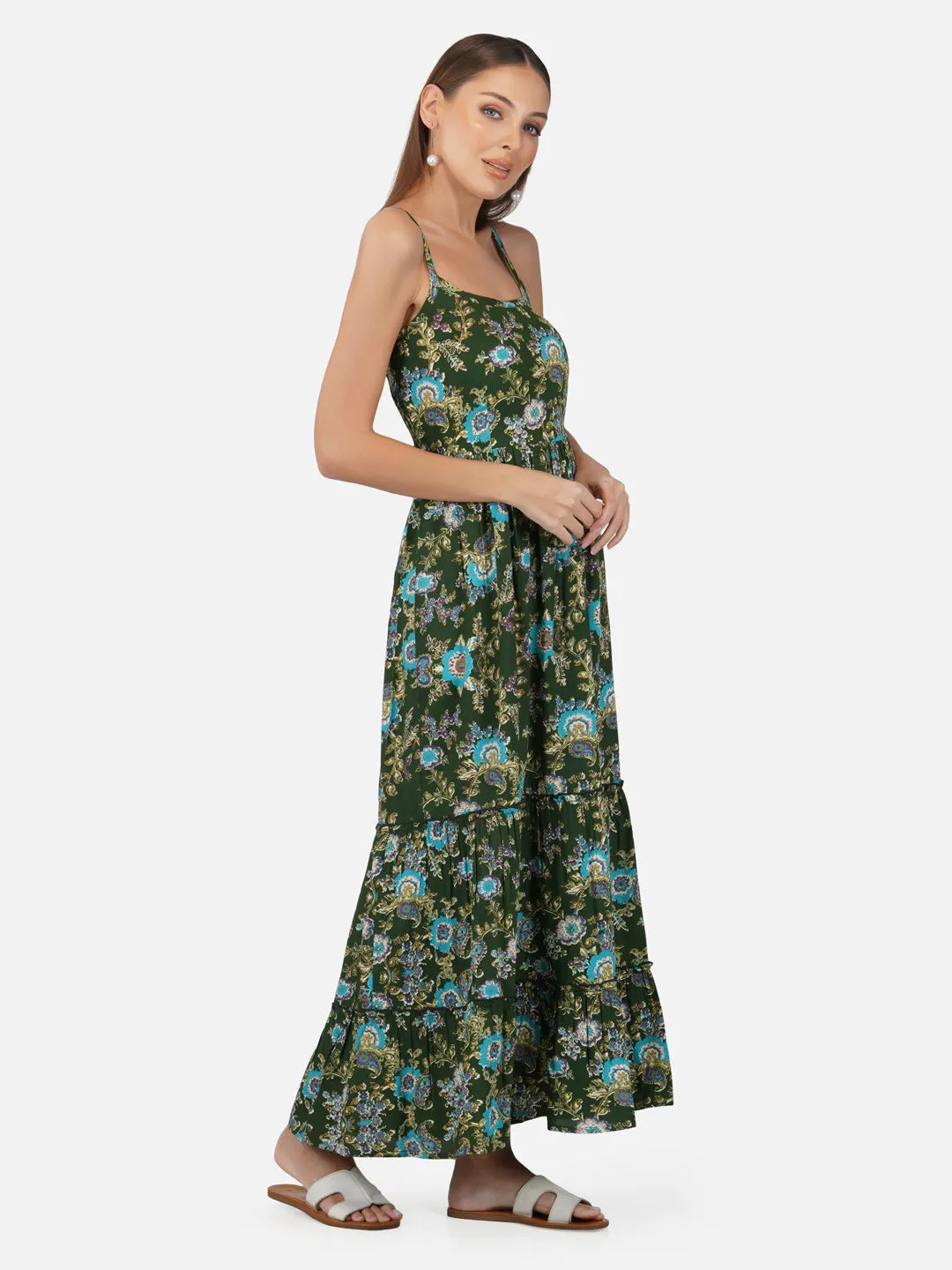 Porsorte Womens Tropical Green Printed Long Strappy Casual Dress