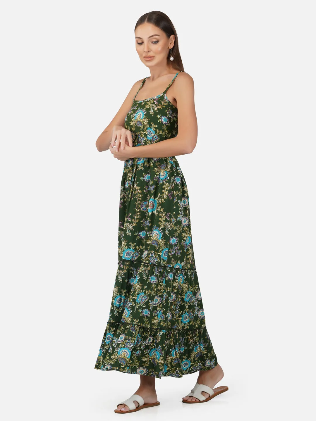 Porsorte Womens Tropical Green Printed Long Strappy Casual Dress