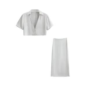 Pre Order:  Satin Short Sleeved Cropped Shirt   High Waisted Skirt